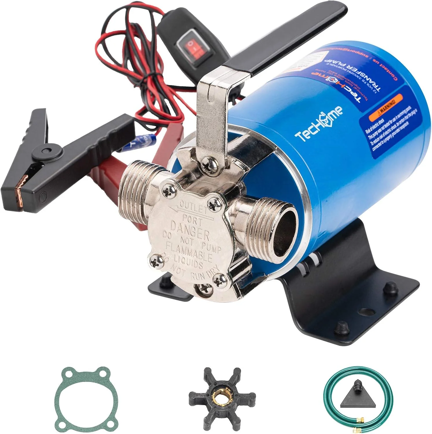 پمپ آب 12 ولت TecHome، پمپ انتقال آب 1/10 اسب بخار 330GPH، پمپ انتقال برقی قابل حمل، با کلید روشن/خاموش و کیت شلنگ مکش.