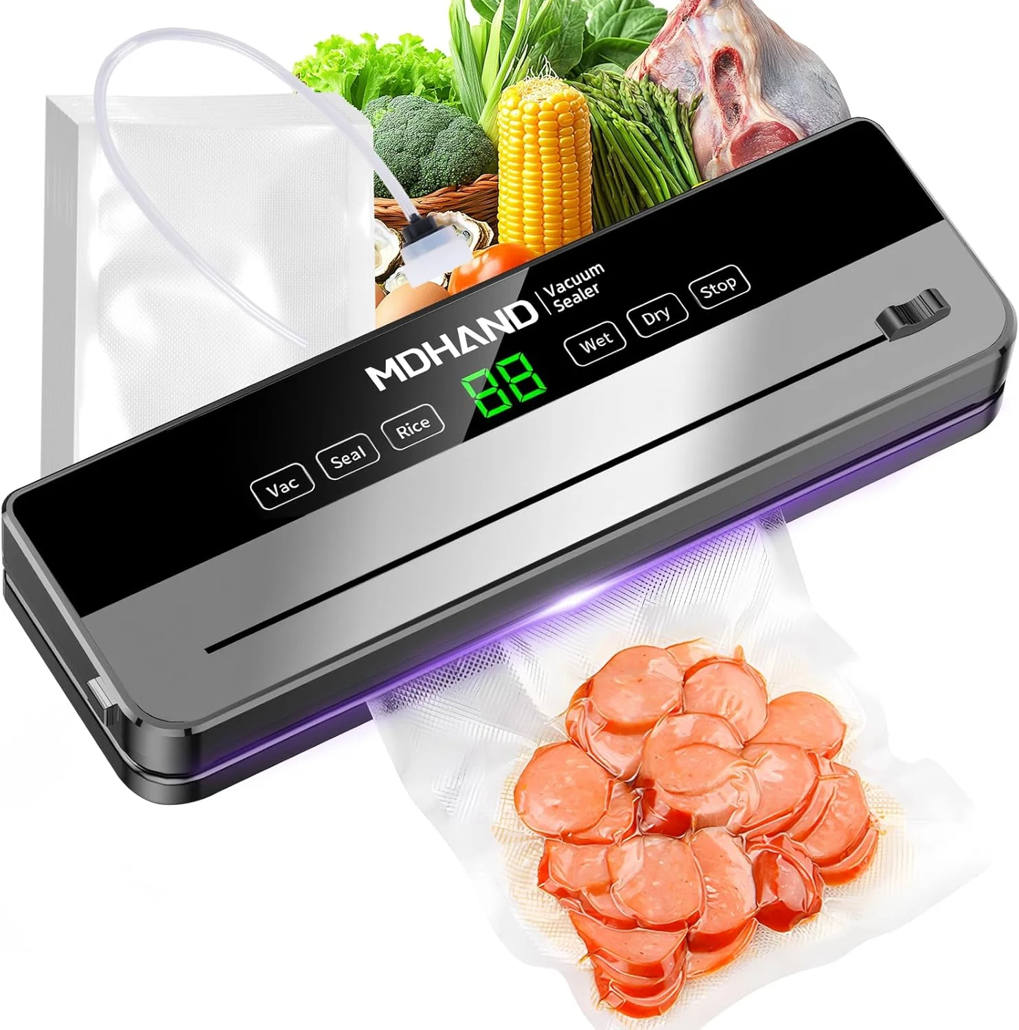 MDHAND Food Saver Vacuum Sealer Machine, 6 IN 1 Vacuum Sealer For Food with 30pcs Bags & Built-in Cutter & Accessory Hose (Grey)