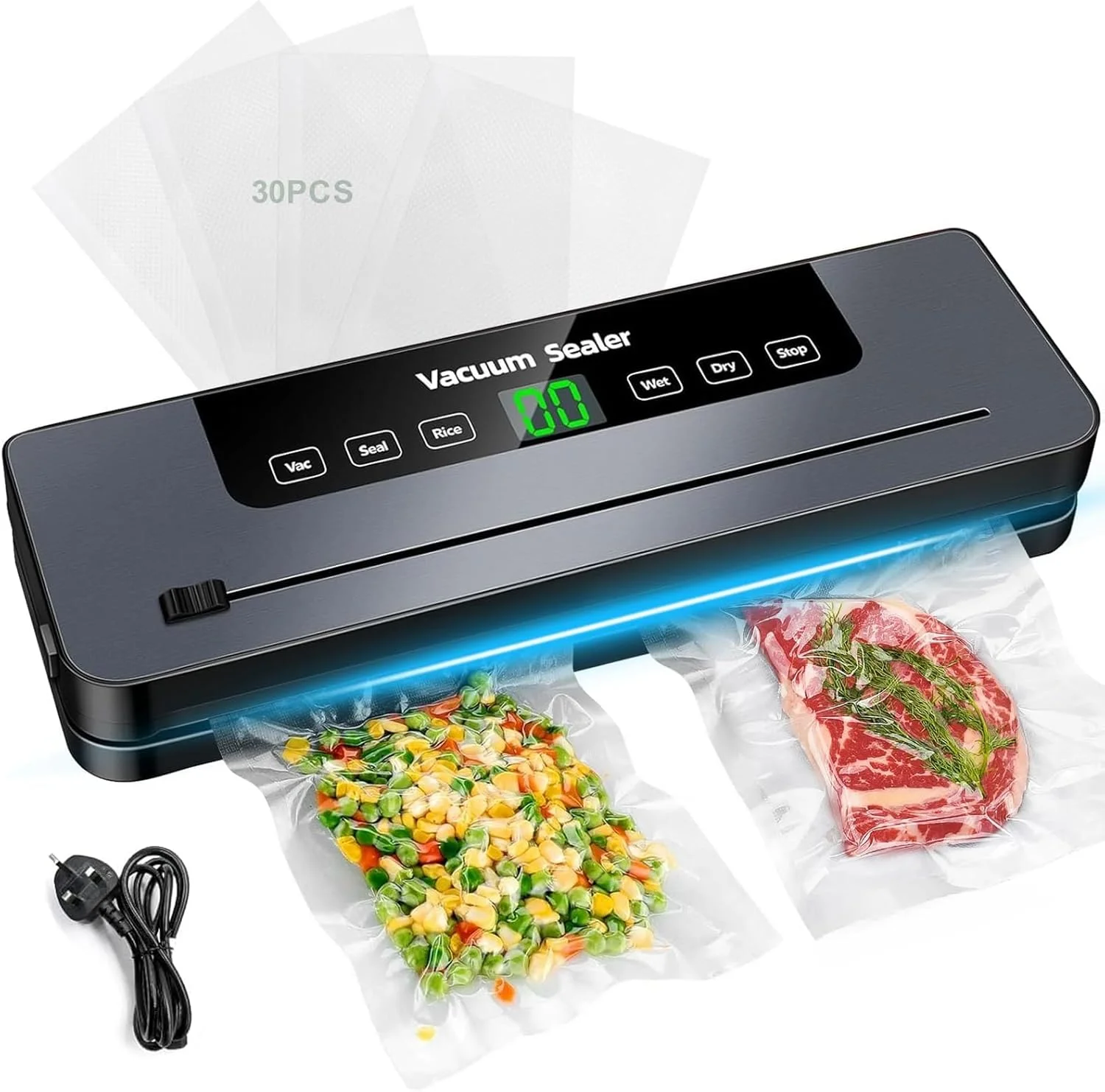 دستگاه وکیوم سیلر 6 در 1، دارای کاتر داخلی و نمایشگر دیجیتال LED قابل مشاهده، مکش قدرتمند 65 کیلو پاسکال برای نگهداری تازه مواد غذایی خشک و مرطوب به همراه 30 عدد کیسه وکیوم سیلر