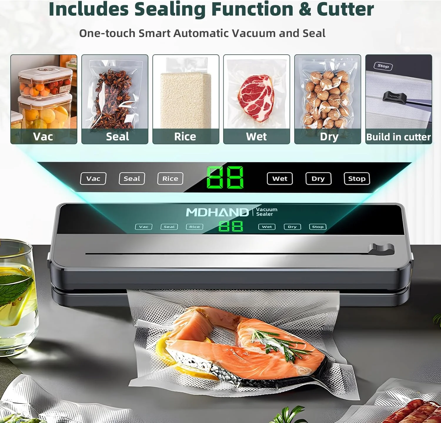 MDHAND Food Saver Vacuum Sealer Machine, 6 IN 1 Vacuum Sealer For Food with 30pcs Bags & Built-in Cutter & Accessory Hose (Grey) MDHAND Food Saver Vacuum Sealer Machine, 6 IN 1 Vacuum Sealer For Food with 30pcs Bags & Built-in Cutter & Accessory Hose (Grey)