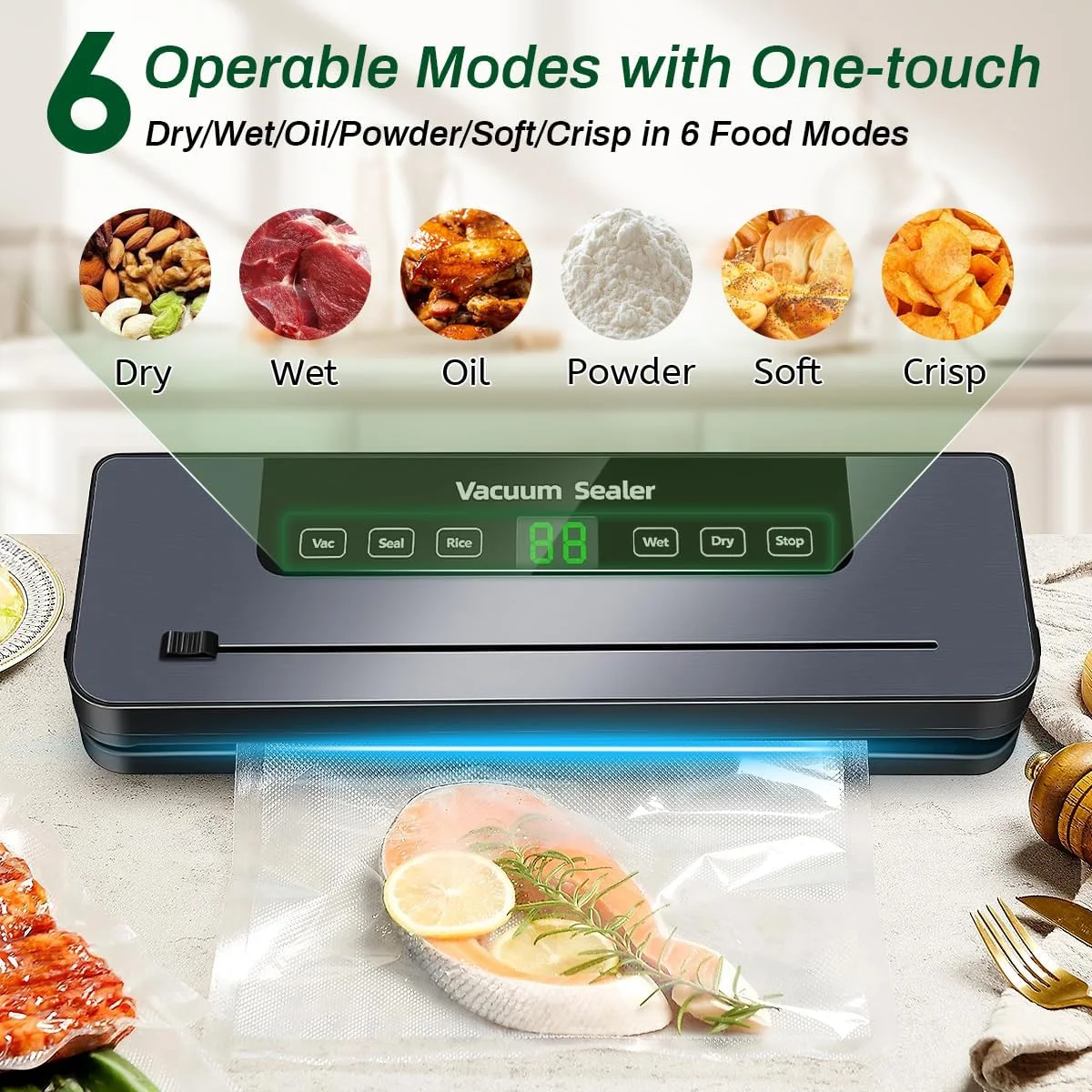 دستگاه وکیوم سیلر 6 در 1، دارای کاتر داخلی و نمایشگر دیجیتال LED قابل مشاهده، مکش قدرتمند 65 کیلو پاسکال برای نگهداری تازه مواد غذایی خشک و مرطوب به همراه 30 عدد کیسه وکیوم سیلر دستگاه وکیوم سیلر 6 در 1، دارای کاتر داخلی و نمایشگر دیجیتال LED قابل مشاهده، مکش قدرتمند 65 کیلو پاسکال برای نگهداری تازه مواد غذایی خشک و مرطوب به همراه 30 عدد کیسه وکیوم سیلر