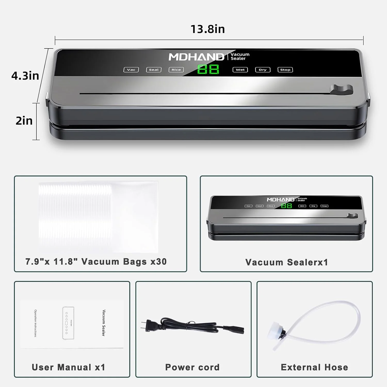 MDHAND Food Saver Vacuum Sealer Machine, 6 IN 1 Vacuum Sealer For Food with 30pcs Bags & Built-in Cutter & Accessory Hose (Grey) MDHAND Food Saver Vacuum Sealer Machine, 6 IN 1 Vacuum Sealer For Food with 30pcs Bags & Built-in Cutter & Accessory Hose (Grey)