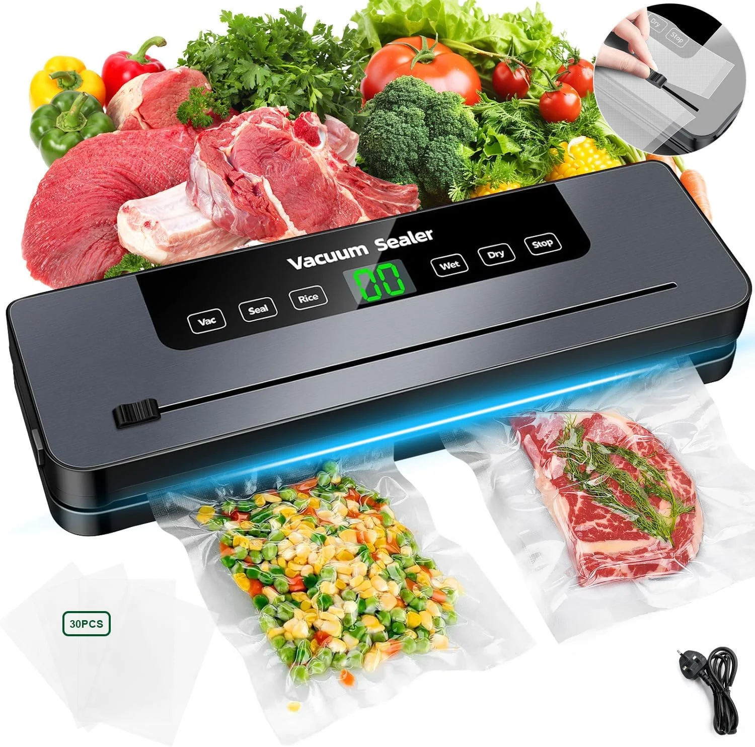 دستگاه وکیوم سیلر 6 در 1، دارای کاتر داخلی و نمایشگر دیجیتال LED قابل مشاهده، مکش قدرتمند 65 کیلو پاسکال برای نگهداری تازه مواد غذایی خشک و مرطوب به همراه 30 عدد کیسه وکیوم سیلر دستگاه وکیوم سیلر 6 در 1، دارای کاتر داخلی و نمایشگر دیجیتال LED قابل مشاهده، مکش قدرتمند 65 کیلو پاسکال برای نگهداری تازه مواد غذایی خشک و مرطوب به همراه 30 عدد کیسه وکیوم سیلر