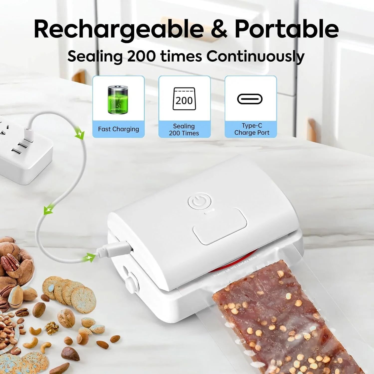 دستگاه پرس حرارتی کوچک NALACAL، دستگاه پرس حرارتی مینی، دستگاه پرس کیسه قابل حمل، دستگاه پرس مواد غذایی شارژی کوچک، دستگاه چند منظوره پرس مواد غذایی و اسنک برای چیپس سیب زمینی و کیسه های پرس وکیوم (سفید)