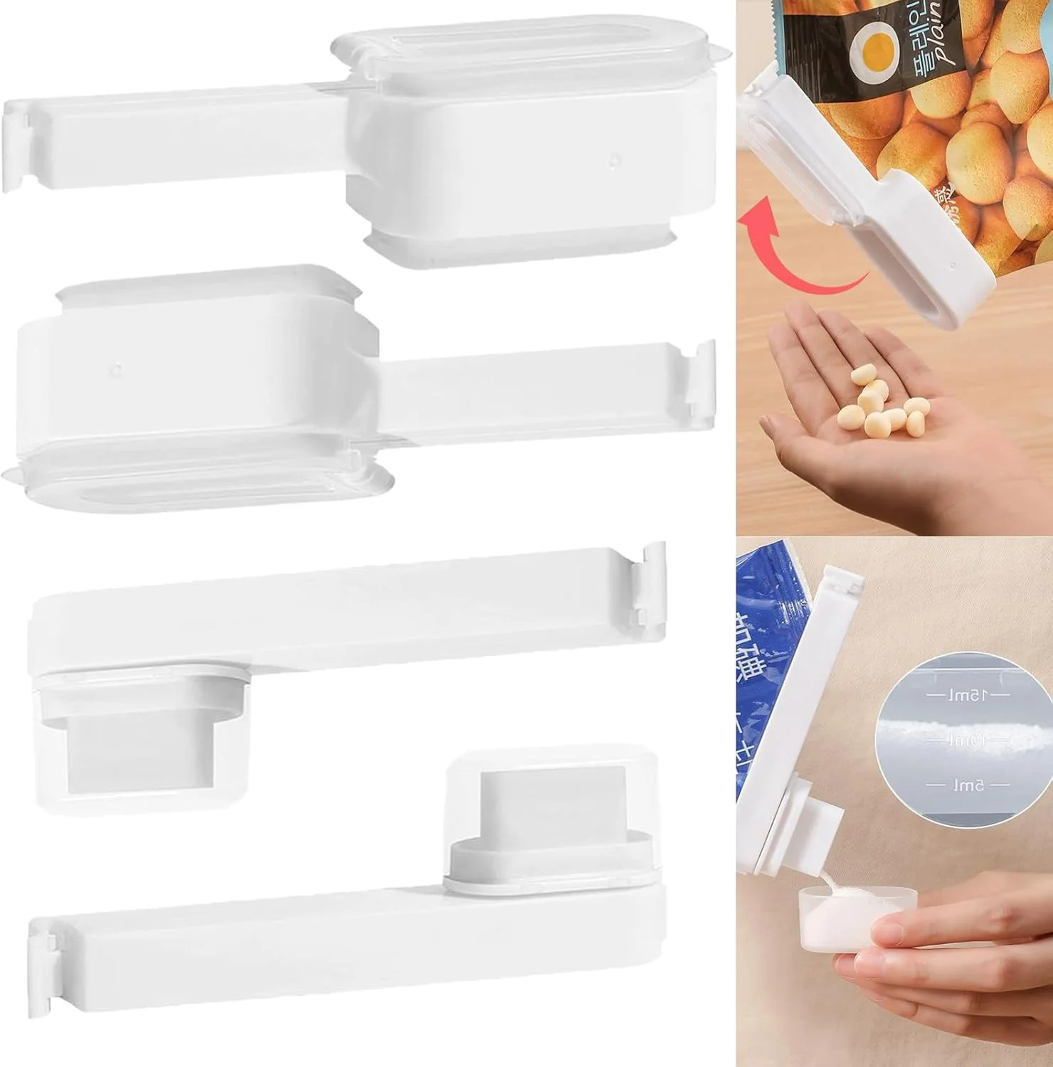 گیره های ریختن 4 عددی، گیره های بستن کیسه برای نگهداری مواد غذایی، درپوش بستن کیسه چیپس و اسنک با دهانه ریختن برای غلات، کورن فلکس، میوه های خشک - استفاده آسان