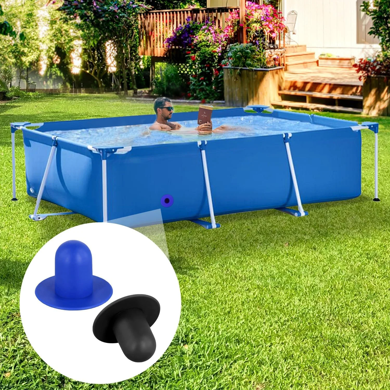 XIHIRCD 2 عدد درپوش استخر برای استخرهای روی زمین، درپوش سوراخ فیلتر، دوشاخه دیواری جایگزین پمپ فیلتر برای استخرهای شنا سازگار با Intex و Bestway (آبی، مشکی)