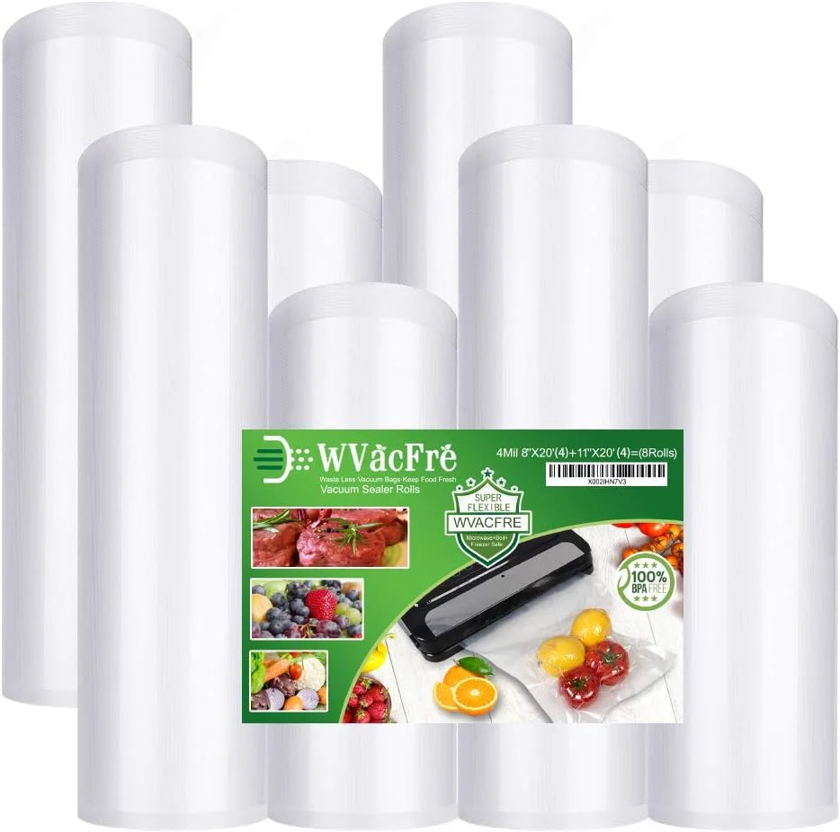 بسته 8 عددی کیسه های وکیوم سیلر WVacFre، شامل 4 رول 8 اینچ در 20 فوت و 4 رول 11 اینچ در 20 فوت، با کیفیت تجاری، فاقد BPA، مقاوم و مناسب برای نگهداری مواد غذایی با وکیوم یا پخت سو وید