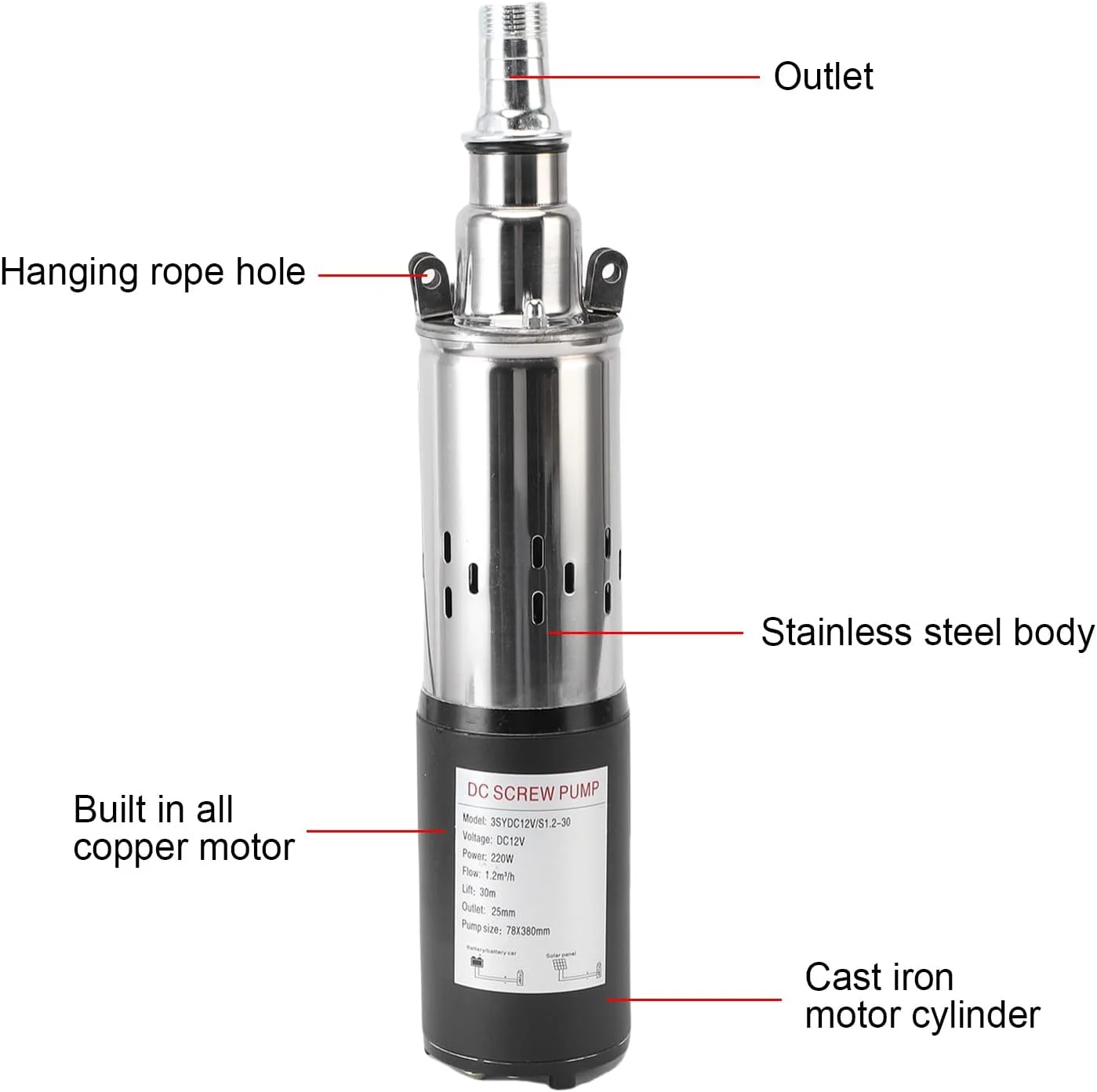 پمپ آب چاه عمیق شناور Asixxsix، با ارتفاع 30 متر، خروجی NPT 3/4 اینچ و 1 اینچ، پمپ های آب شناور با کابل برق 7 متری، پمپ های پیچی فولادی ضد زنگ برای آبیاری کشاورزی و باغ