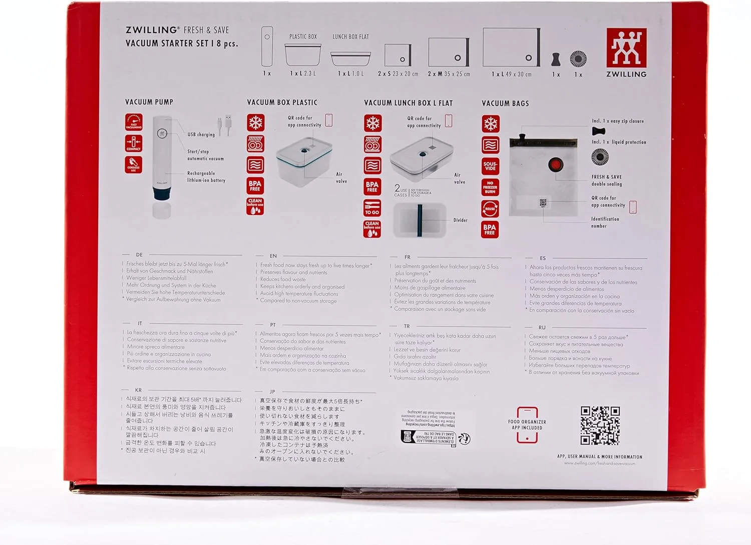 ست استارتر 8 تکه وکیوم Zwilling Fresh & Save La Mer. پمپ + ظروف پلاستیکی قابل انباشت: قابل استفاده در مایکروویو و ماشین ظرفشویی + کیسه های وکیوم: قابل استفاده در فریزر، مقاوم در برابر حرارت و قابل استفاده در مایکروویو. ست استارتر 8 تکه وکیوم Zwilling Fresh & Save La Mer. پمپ + ظروف پلاستیکی قابل انباشت: قابل استفاده در مایکروویو و ماشین ظرفشویی + کیسه های وکیوم: قابل استفاده در فریزر، مقاوم در برابر حرارت و قابل استفاده در مایکروویو.