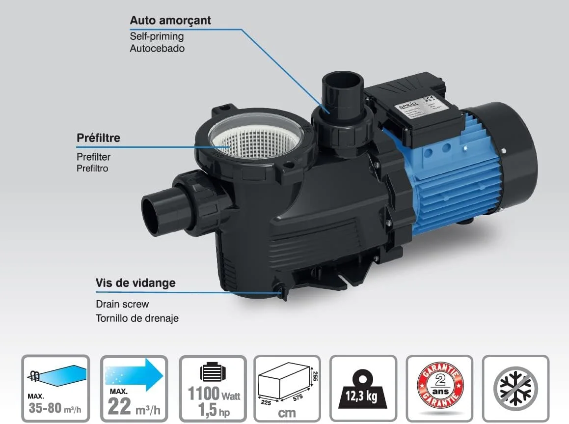 پمپ فیلتراسیون استخر Spid'O SPR 1100 2963، با ظرفیت 22 متر مکعب در ساعت، 1.5 اسب بخار، فیلتر بزرگ، مشکی