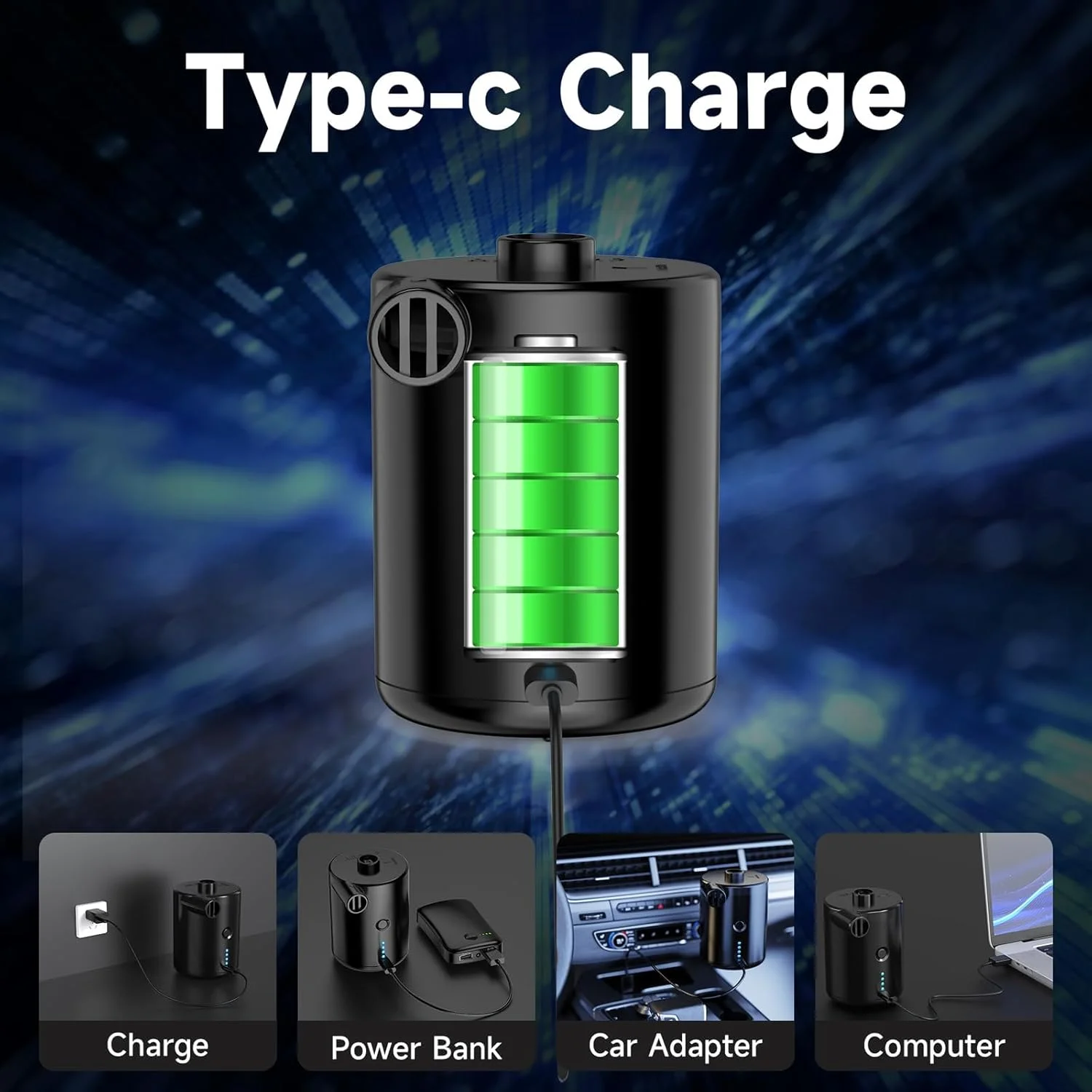 پمپ باد برقی SLEEPHEAD® برای وسایل بادی، باتری 4000mAh Type-C قابل حمل و شارژ، شامل 4 نازل، پمپ های دمنده/مکنده برای استخر، قایق، کمپینگ، حلقه شنا