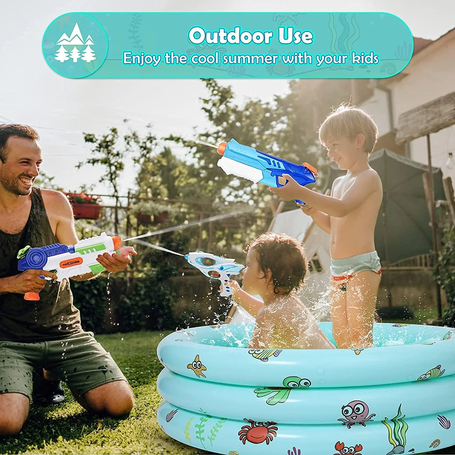 استخر بادی کودک، استخر بادی شنای کودکانه طرح زندگی اقیانوسی 3 حلقه با کف ایمنی بادی و پمپ باد رایگان برای خانواده، کودکان نوپا، استخر شنای باغی در فضای باز (100*27 سانتی متر)