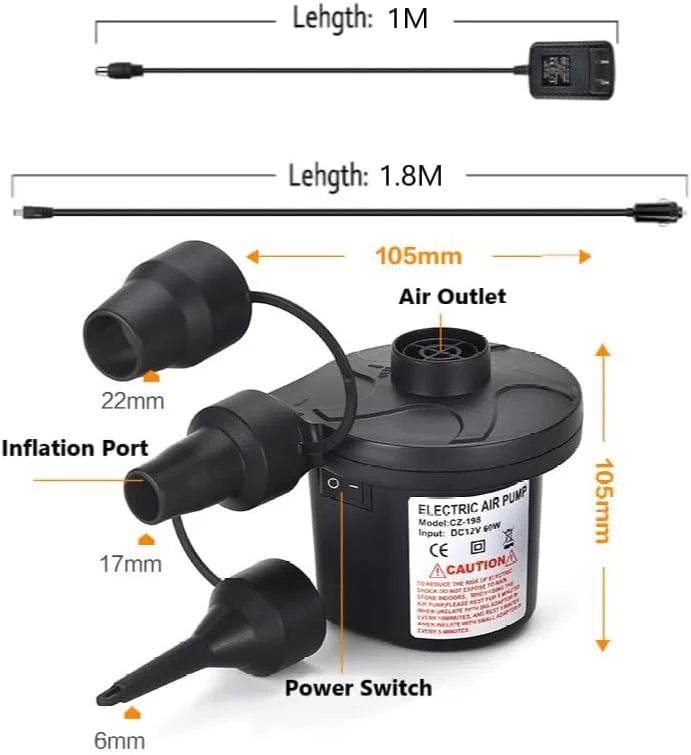 پمپ باد برقی SKY-TOUCH با 3 نازل: پمپ بادی دو منظوره مناسب خودروهای خانوادگی، پر کردن سریع، پمپ دمنده/مکنده عالی برای کمپینگ در فضای باز، تخت بادی، قایق، حلقه شنا، قایق بادی استخر و اسباب بازی (مشکی)