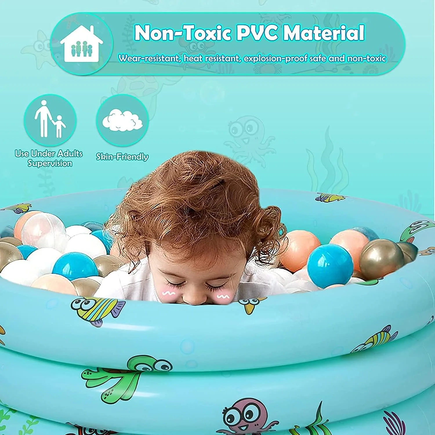 استخر بادی کودک، استخر بادی شنای کودکانه طرح زندگی اقیانوسی 3 حلقه با کف ایمنی بادی و پمپ باد رایگان برای خانواده، کودکان نوپا، استخر شنای باغی در فضای باز (100*27 سانتی متر)
