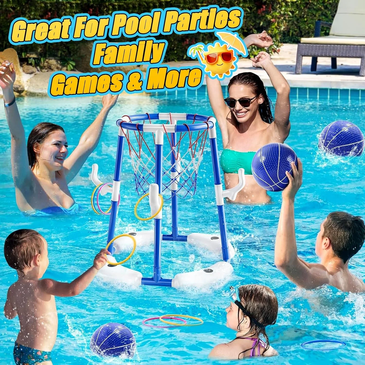 اسباب بازی های استخر Pomefar، بازی حلقه ای شناور 2 در 1 با 3 توپ و پمپ، اسباب بازی های بسکتبال استخر شنا در فضای باز برای مهمانی خانوادگی