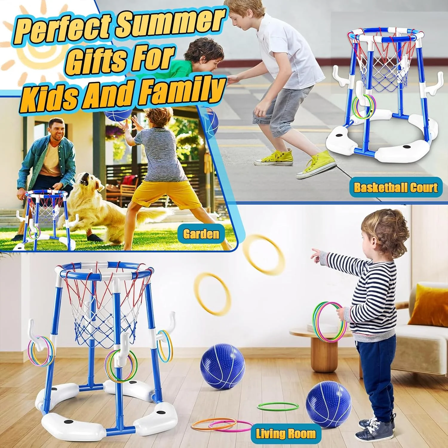 اسباب بازی های استخر Pomefar، بازی حلقه ای شناور 2 در 1 با 3 توپ و پمپ، اسباب بازی های بسکتبال استخر شنا در فضای باز برای مهمانی خانوادگی