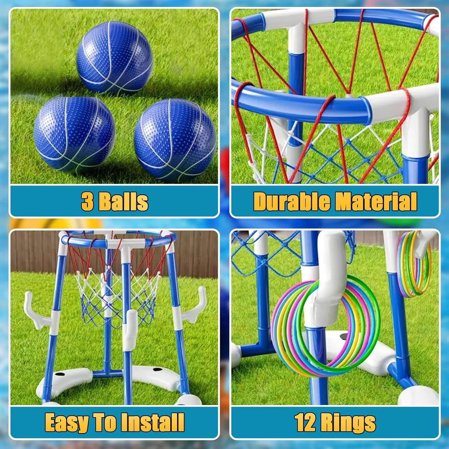 اسباب بازی های استخر Pomefar، بازی حلقه ای شناور 2 در 1 با 3 توپ و پمپ، اسباب بازی های بسکتبال استخر شنا در فضای باز برای مهمانی خانوادگی