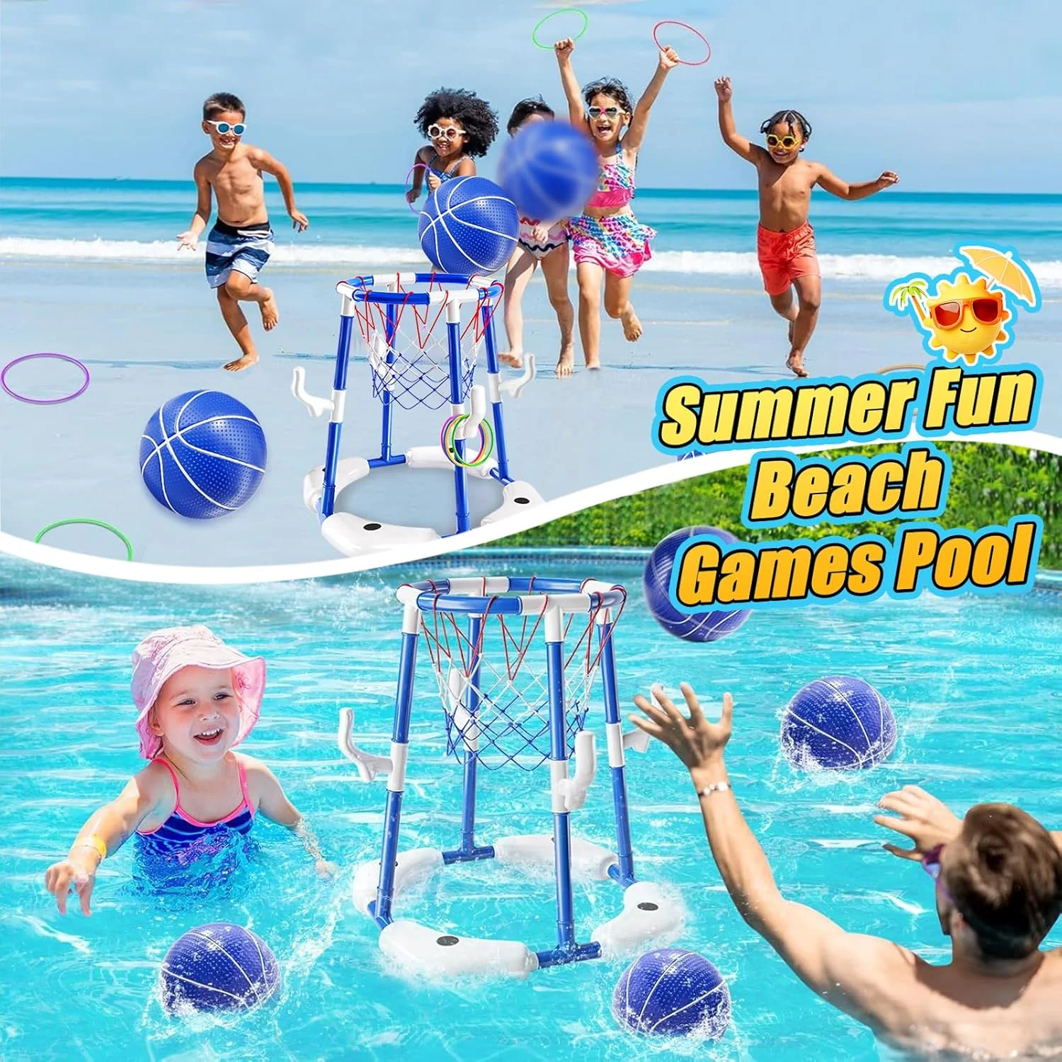 اسباب بازی های استخر Pomefar، بازی حلقه ای شناور 2 در 1 با 3 توپ و پمپ، اسباب بازی های بسکتبال استخر شنا در فضای باز برای مهمانی خانوادگی