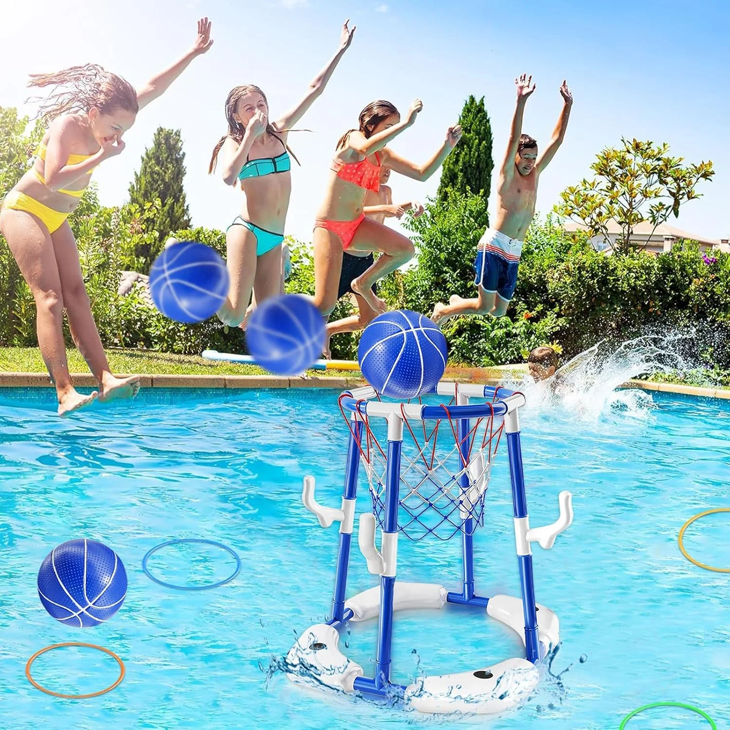 اسباب بازی های استخر Pomefar، بازی حلقه ای شناور 2 در 1 با 3 توپ و پمپ، اسباب بازی های بسکتبال استخر شنا در فضای باز برای مهمانی خانوادگی