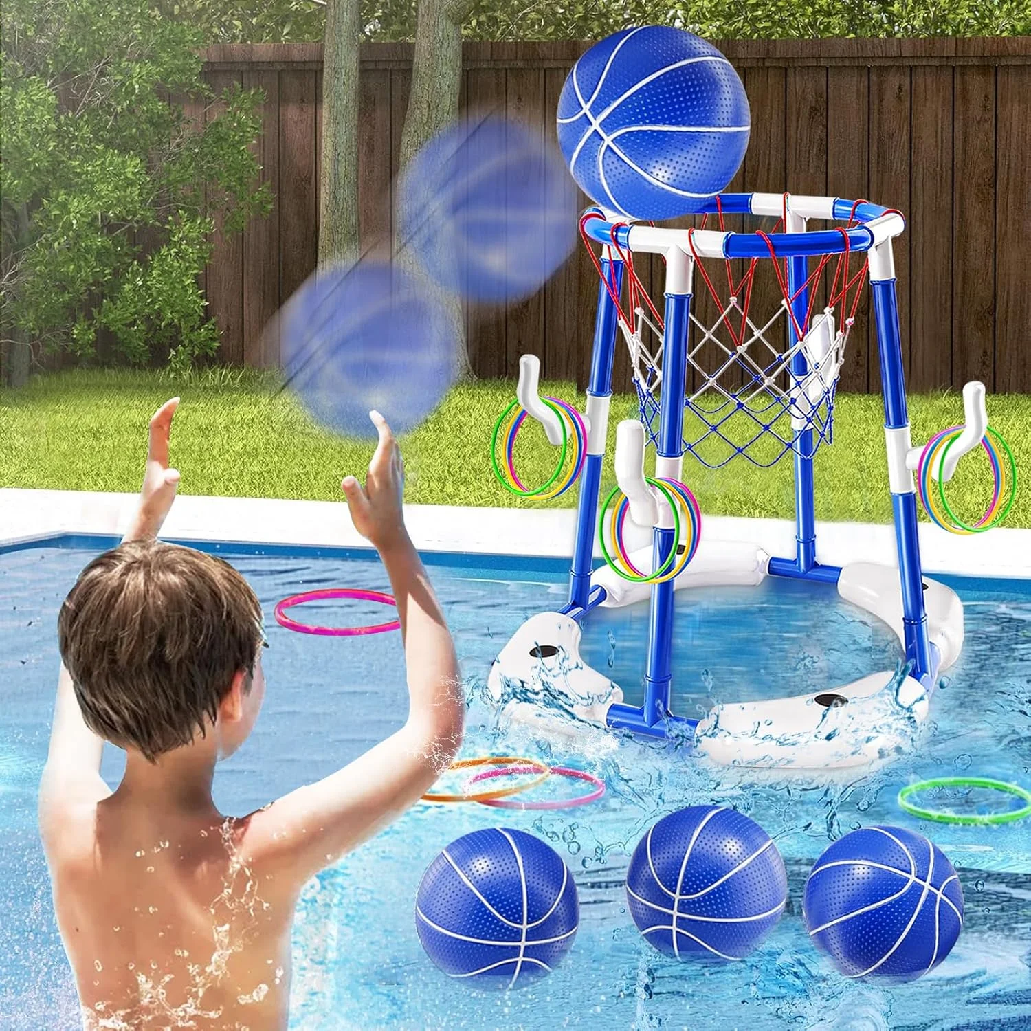 اسباب بازی های استخر Pomefar، بازی حلقه ای شناور 2 در 1 با 3 توپ و پمپ، اسباب بازی های بسکتبال استخر شنا در فضای باز برای مهمانی خانوادگی