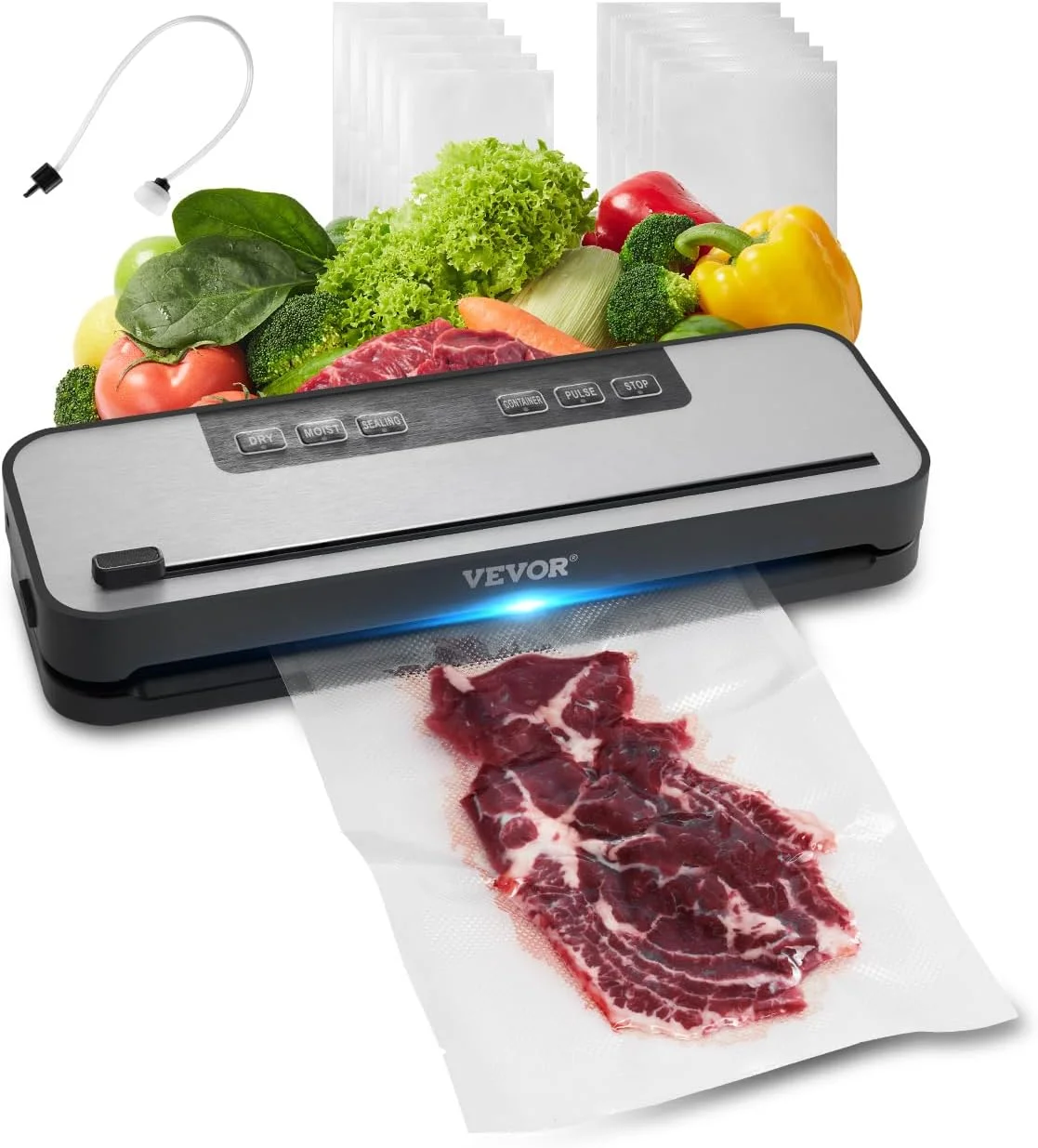 VEVOR Food Vacuum Sealer 100W Food Vacuum Packing Machine 60kPa Multifunctional Compact Automatic Air Sealer 5 in 1 with Built-in Cutter, 10 Bags