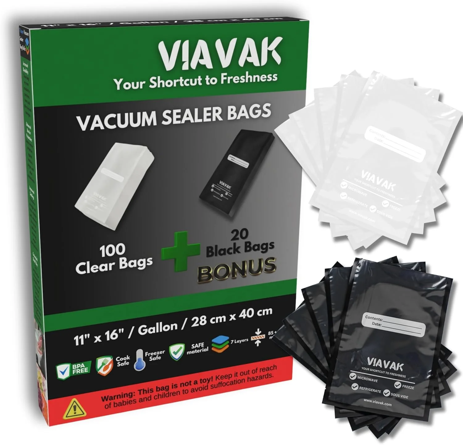 VIAVAK (11x16 Inch) Vacuum Sealer Bags for Food | 100 Clear + 20 Bonus Black | 7-Layer Commercial Grade, BPA-Free, Writable Surface for Content & Date, Heavy Duty Food Storage & Sous Vide