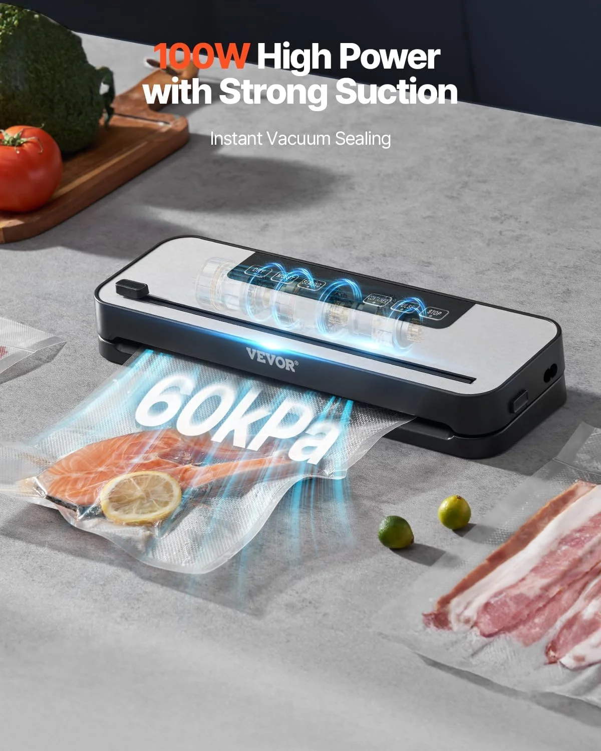 VEVOR Food Vacuum Sealer 100W Food Vacuum Packing Machine 60kPa Multifunctional Compact Automatic Air Sealer 5 in 1 with Built-in Cutter, 10 Bags