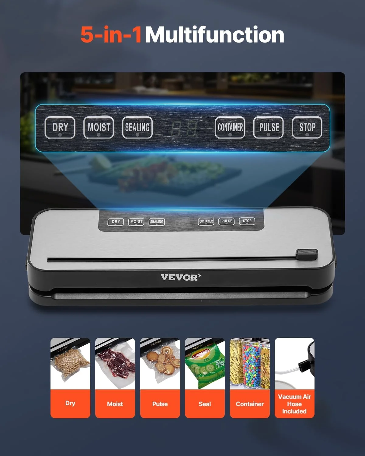 VEVOR Food Vacuum Sealer 100W Food Vacuum Packing Machine 60kPa Multifunctional Compact Automatic Air Sealer 5 in 1 with Built-in Cutter, 10 Bags