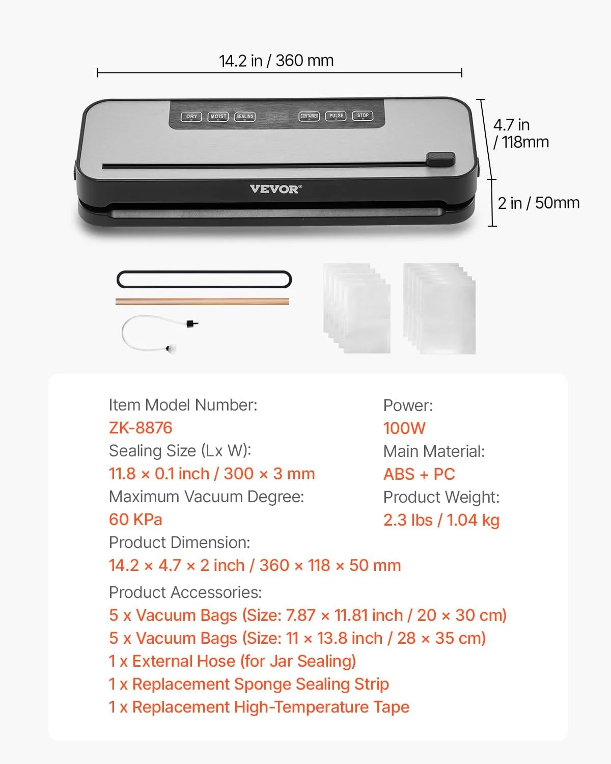 VEVOR Food Vacuum Sealer 100W Food Vacuum Packing Machine 60kPa Multifunctional Compact Automatic Air Sealer 5 in 1 with Built-in Cutter, 10 Bags