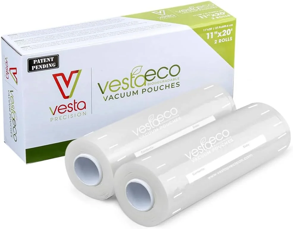 رول کیسه های وکیوم سیلر زیست تخریب پذیر VestaEco | بسته 2 عددی 11x20 | دارای گواهینامه OK Compost | در انتظار ثبت اختراع | عالی برای نگهداری مواد غذایی یا سو وید | محافظ پایدار محیط زیست |