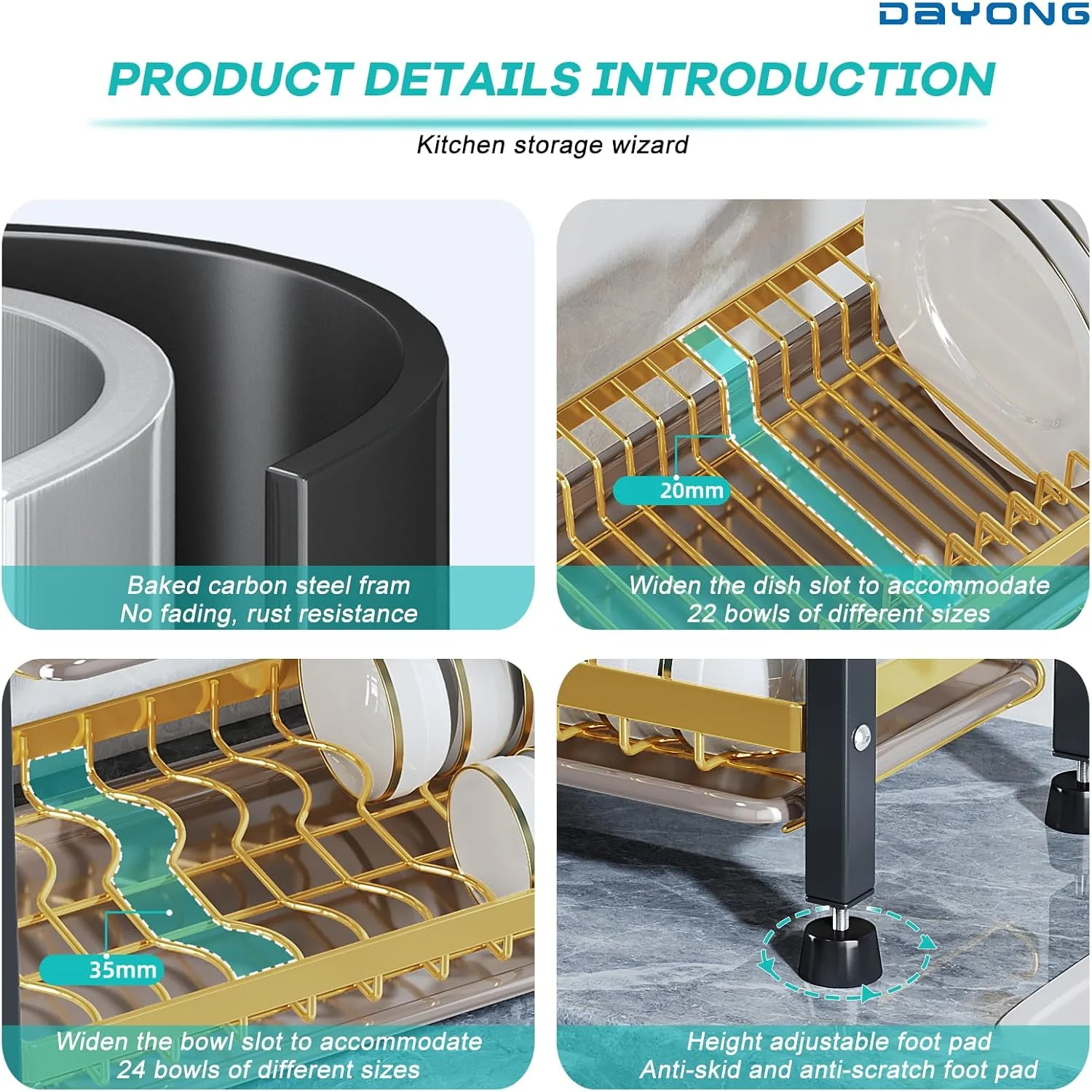 آبچکان 3 طبقه DAYONG با سینی تخلیه آب، آبگیر ظروف با جا قاشقی و تخته برش جداشدنی، استند سازمان دهنده با ظرفیت بزرگ برای روی کابینت آشپزخانه (مشکی)