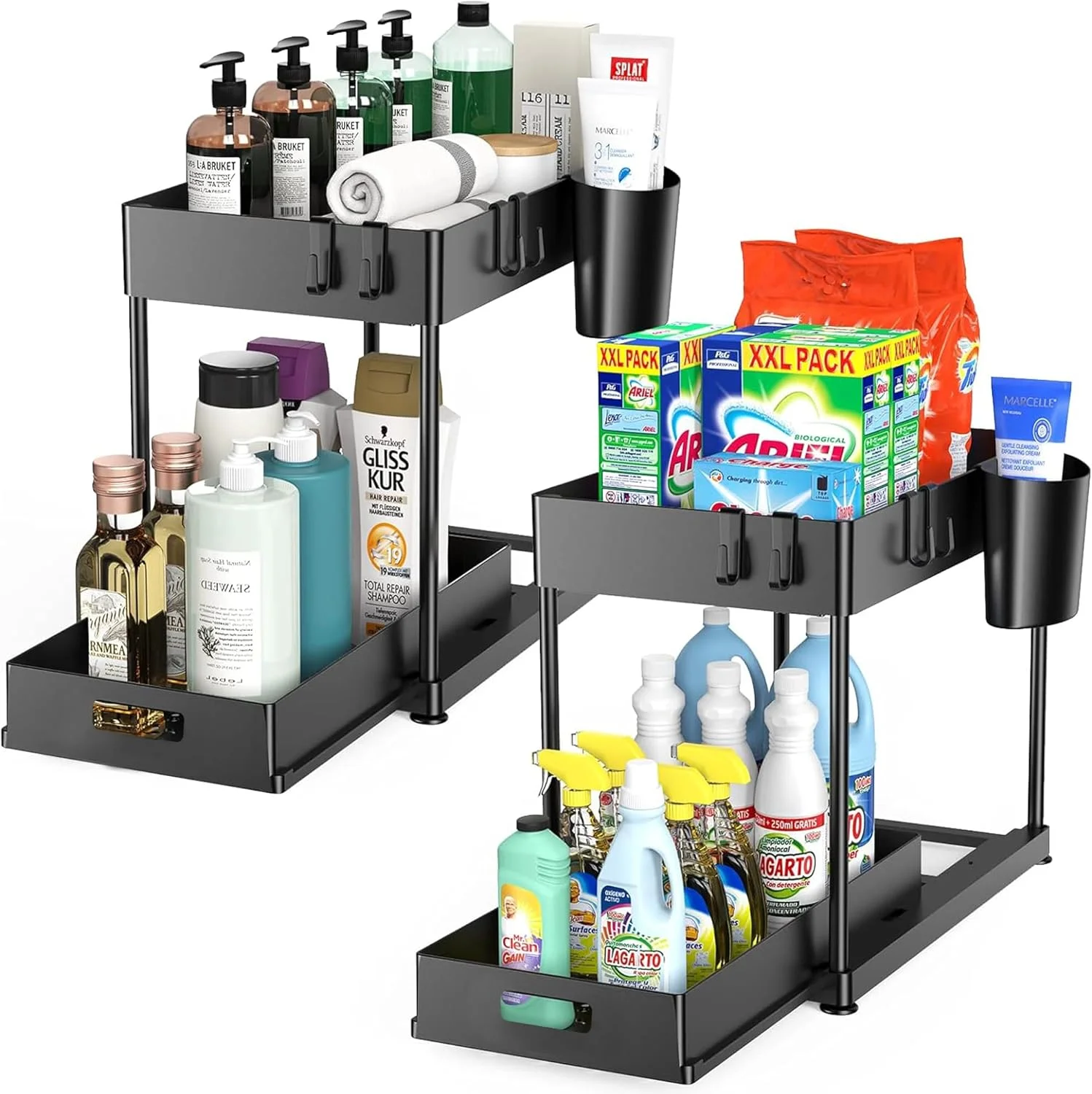 هومیبیز ارگانایزر زیر سینک، ارگانایزر کابینت حمام 2 طبقه با سبد کشویی، ارگانایزر و محل نگهداری چند منظوره زیر سینک برای آشپزخانه حمام (مشکی، بسته 2 عددی) هومیبیز ارگانایزر زیر سینک، ارگانایزر کابینت حمام 2 طبقه با سبد کشویی، ارگانایزر و محل نگهداری چند منظوره زیر سینک برای آشپزخانه حمام (مشکی، بسته 2 عددی)