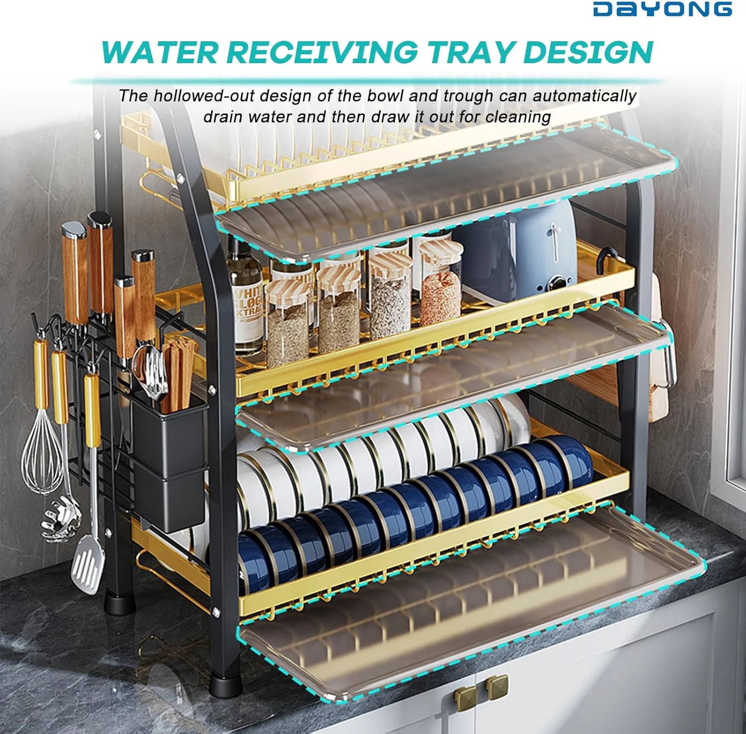 آبچکان 3 طبقه DAYONG با سینی تخلیه آب، آبگیر ظروف با جا قاشقی و تخته برش جداشدنی، استند سازمان دهنده با ظرفیت بزرگ برای روی کابینت آشپزخانه (مشکی) آبچکان 3 طبقه DAYONG با سینی تخلیه آب، آبگیر ظروف با جا قاشقی و تخته برش جداشدنی، استند سازمان دهنده با ظرفیت بزرگ برای روی کابینت آشپزخانه (مشکی)