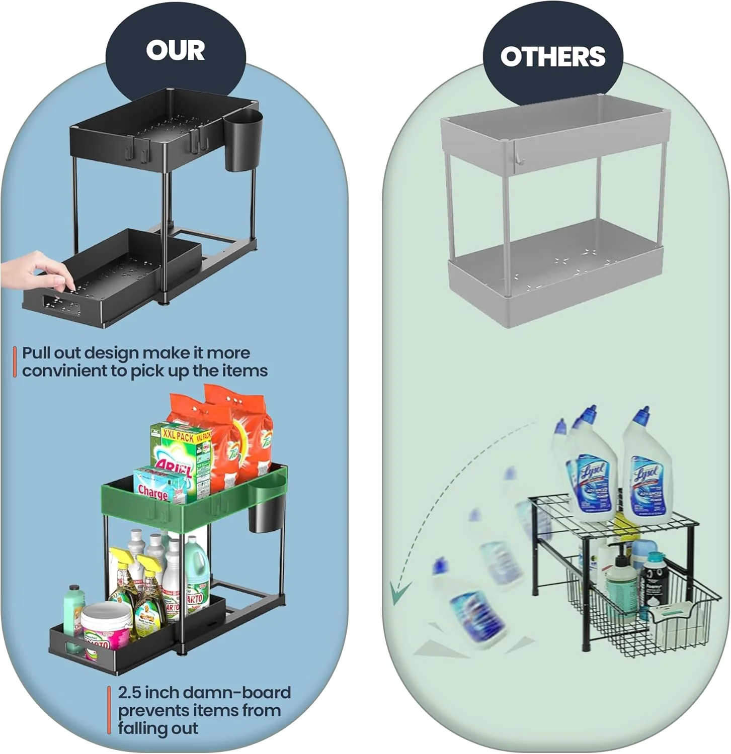 هومیبیز ارگانایزر زیر سینک، ارگانایزر کابینت حمام 2 طبقه با سبد کشویی، ارگانایزر و محل نگهداری چند منظوره زیر سینک برای آشپزخانه حمام (مشکی، بسته 2 عددی)