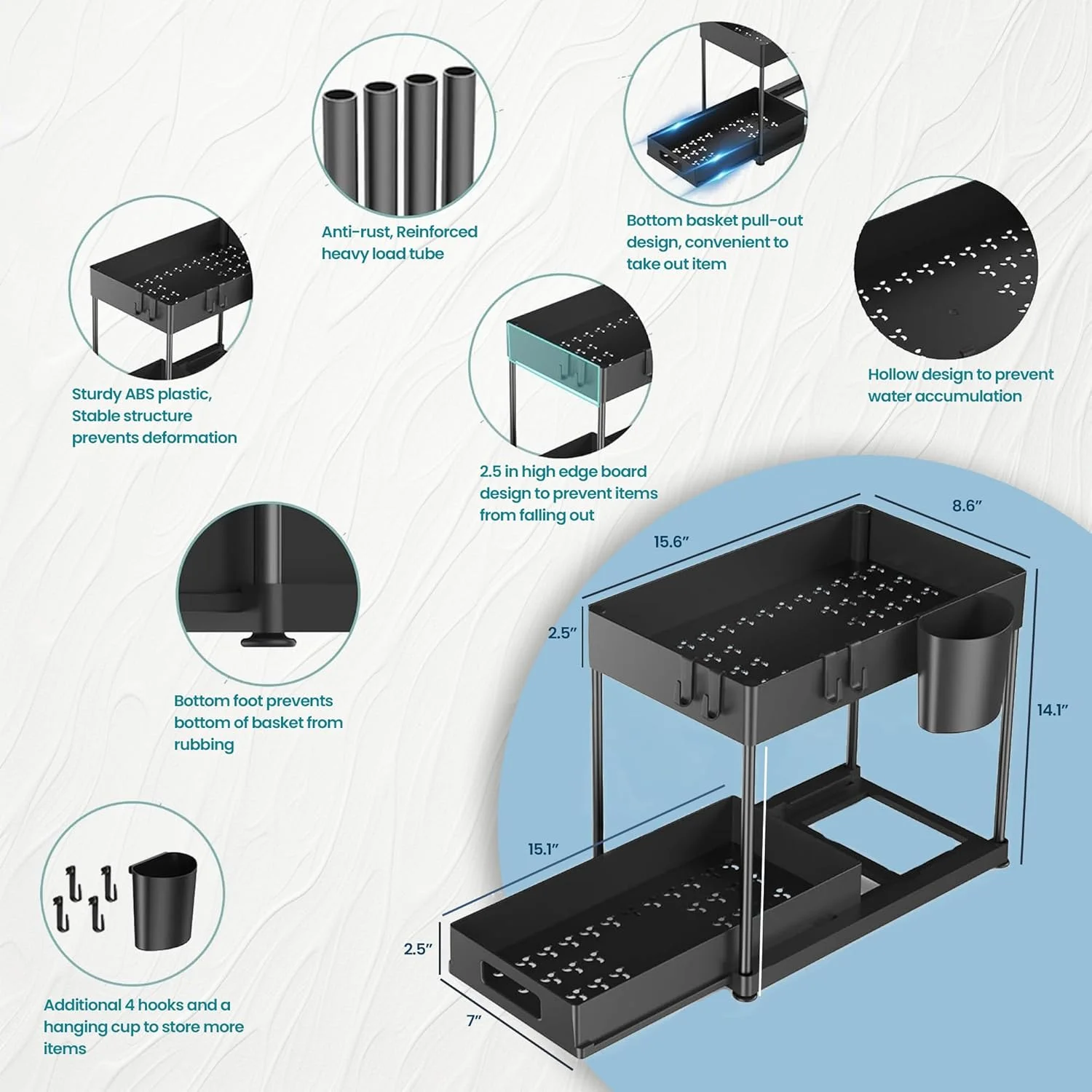 هومیبیز ارگانایزر زیر سینک، ارگانایزر کابینت حمام 2 طبقه با سبد کشویی، ارگانایزر و محل نگهداری چند منظوره زیر سینک برای آشپزخانه حمام (مشکی، بسته 2 عددی)