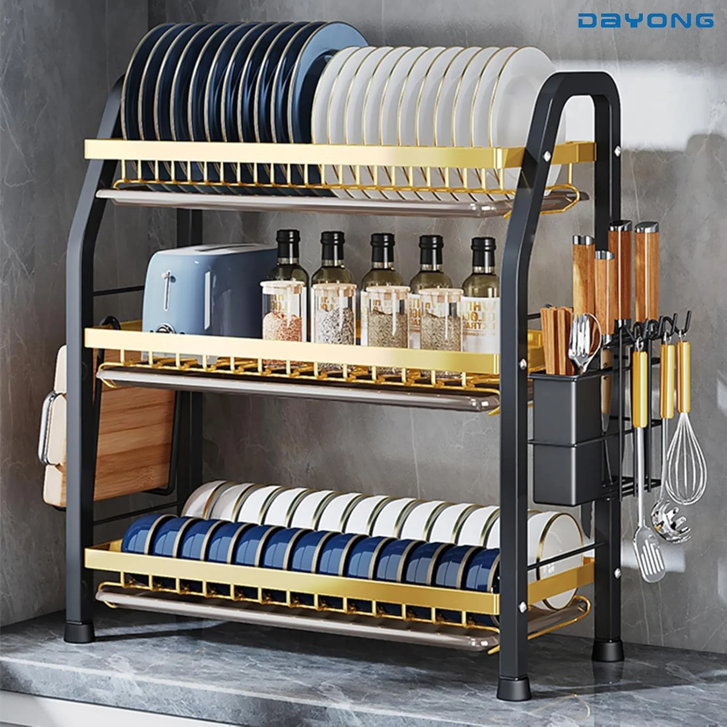 آبچکان 3 طبقه DAYONG با سینی تخلیه آب، آبگیر ظروف با جا قاشقی و تخته برش جداشدنی، استند سازمان دهنده با ظرفیت بزرگ برای روی کابینت آشپزخانه (مشکی) آبچکان 3 طبقه DAYONG با سینی تخلیه آب، آبگیر ظروف با جا قاشقی و تخته برش جداشدنی، استند سازمان دهنده با ظرفیت بزرگ برای روی کابینت آشپزخانه (مشکی)