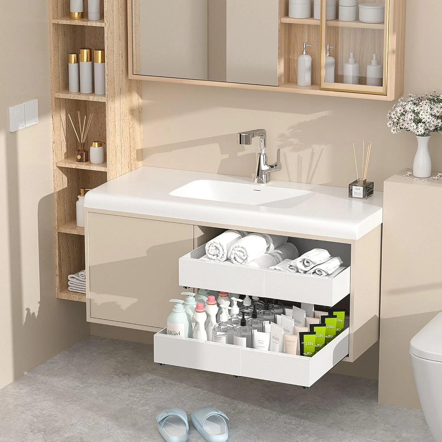 ارگانایزر کشویی کابینت آشپزخانه HSYDIY با قابلیت تنظیم عرض، مناسب برای کابینت آشپزخانه، حمام، دفتر کار، قفسه چند منظوره (سفید)