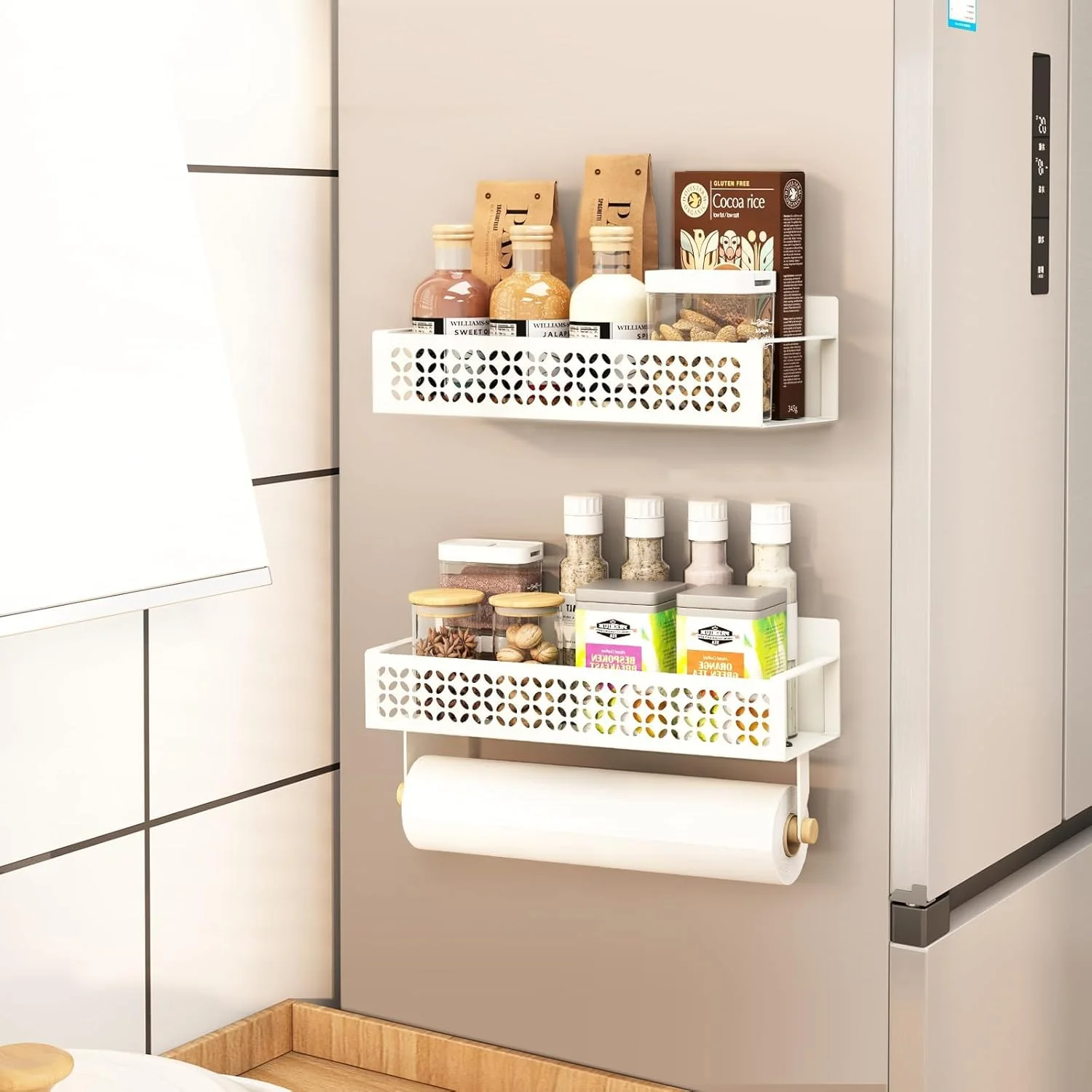 ست 2 عددی جا ادویه مغناطیسی NALACAL برای یخچال، قفسه ادویه مغناطیسی با نگهدارنده دستمال کاغذی ارتقا یافته، سازمان دهنده چاشنی یخچال قفسه مغناطیسی قوی متحرک برای نگهداری آشپزخانه (سفید) ست 2 عددی جا ادویه مغناطیسی NALACAL برای یخچال، قفسه ادویه مغناطیسی با نگهدارنده دستمال کاغذی ارتقا یافته، سازمان دهنده چاشنی یخچال قفسه مغناطیسی قوی متحرک برای نگهداری آشپزخانه (سفید)