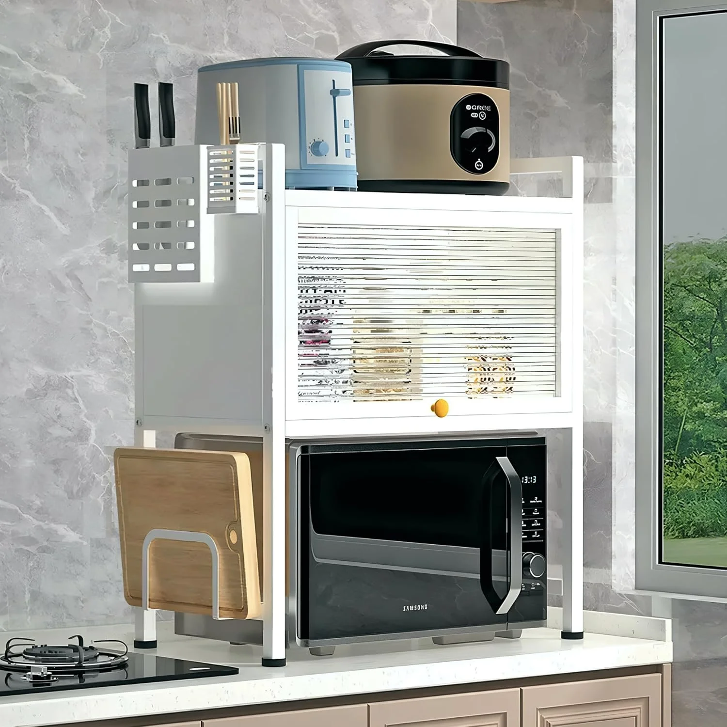 قفسه مایکروویو هگزار، پایه سنگین، سازمان دهنده و قفسه رومیزی آشپزخانه، 3 طبقه با قلاب و نگهدارنده لوازم، قفسه مایکروویو دو لایه ضد گرد و غبار - سفید قفسه مایکروویو هگزار، پایه سنگین، سازمان دهنده و قفسه رومیزی آشپزخانه، 3 طبقه با قلاب و نگهدارنده لوازم، قفسه مایکروویو دو لایه ضد گرد و غبار - سفید