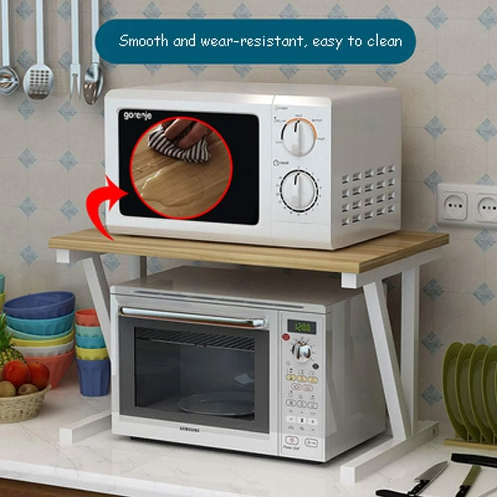 قفسه مایکروویو، سازمان دهنده فضای آشپزخانه، استند مایکروویو دو طبقه با قفسه چوبی، قفسه نانوایی مایکروویو چوبی آشپزخانه با سازمان دهنده قفسه ادویه، یک قفسه برای پرینتر روی میز