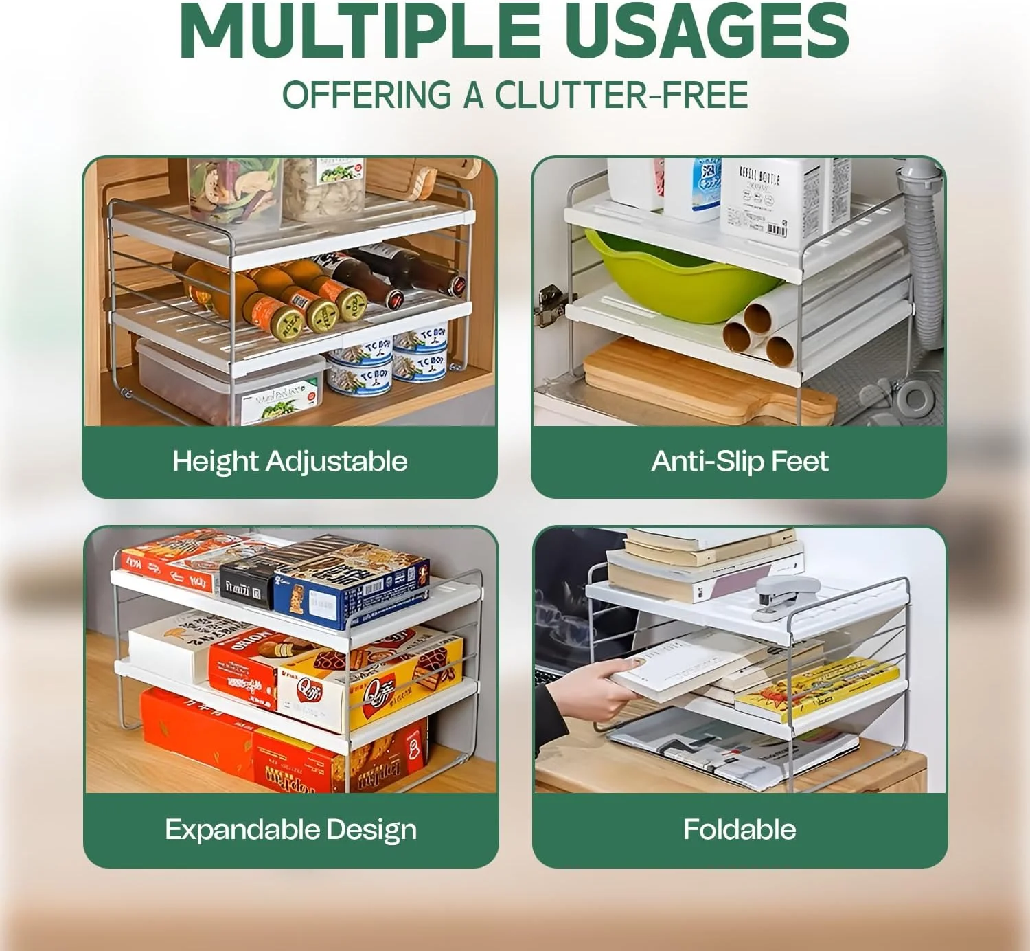 قفسه آشپزخانه قابل گسترش SELARETA - سازمان دهنده رومیزی بادوام و محکم با پنل های ضد لغزش، حلقه زیرین ضد لغزش، مونتاژ آسان، عرض قابل تنظیم، قفسه ذخیره سازی چند منظوره برای ادویه جات و ظروف