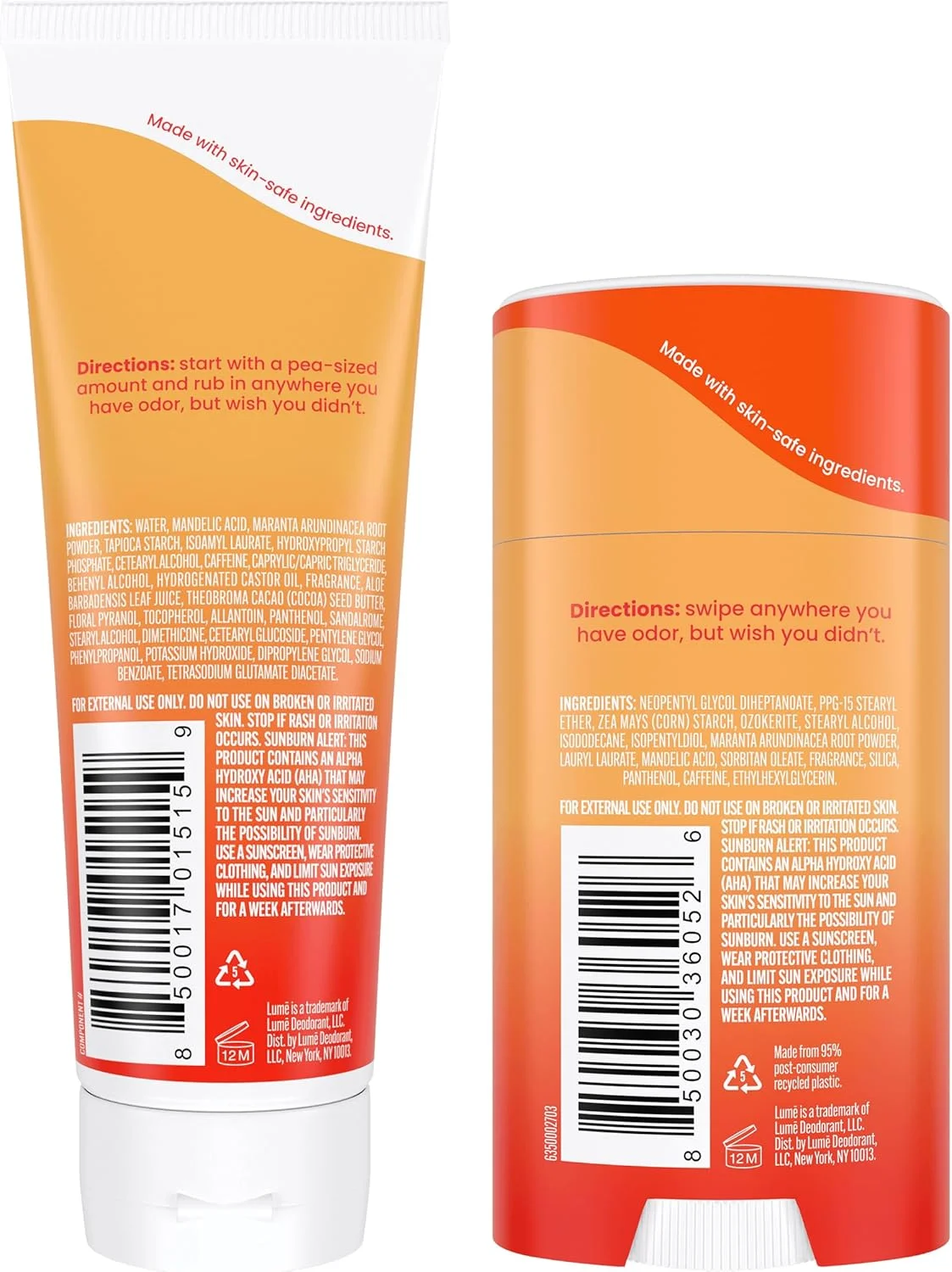 دئودورانت کامل بدن لوم - تیوب کرم نامرئی و استیک جامد - کنترل بوی 72 ساعته - بدون آلومینیوم، بدون جوش شیرین، ایمن برای پوست - بسته تیوب 3.0 اونسی و استیک جامد 2.6 اونسی (نارنگی تمیز)