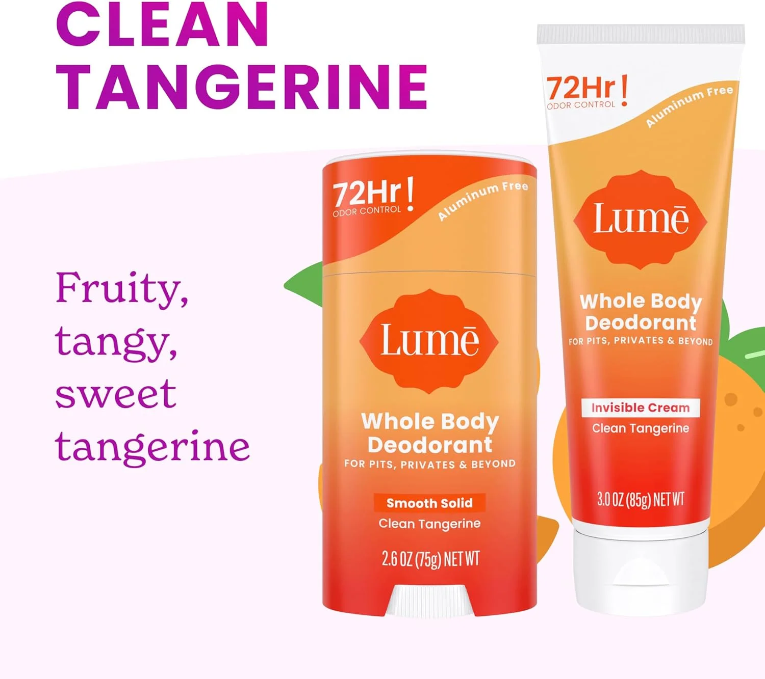 دئودورانت کامل بدن لوم - تیوب کرم نامرئی و استیک جامد - کنترل بوی 72 ساعته - بدون آلومینیوم، بدون جوش شیرین، ایمن برای پوست - بسته تیوب 3.0 اونسی و استیک جامد 2.6 اونسی (نارنگی تمیز)