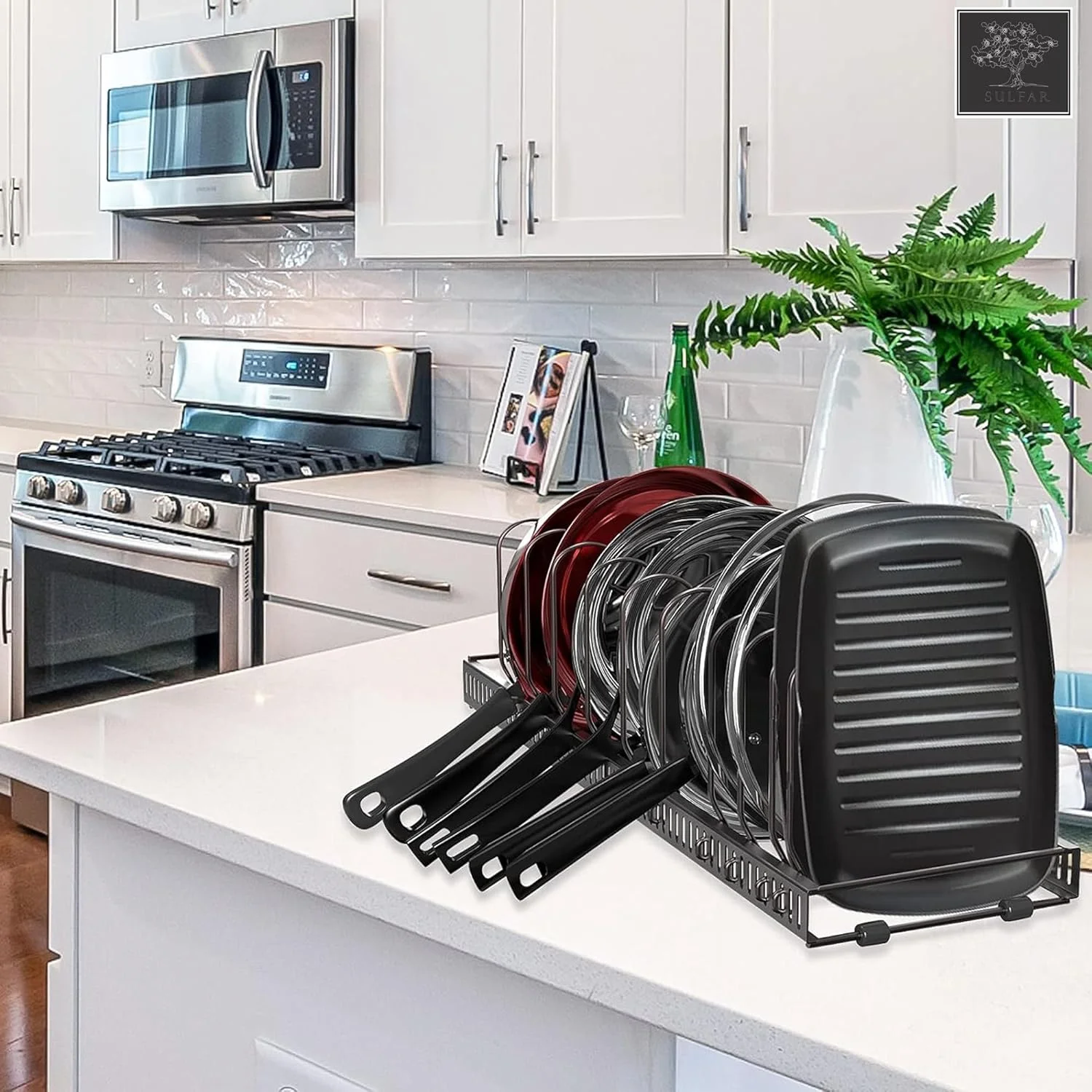 ارگانایزر قابلمه و تابه قابل گسترش Sulfar | نگهدارنده کابینت قابل تنظیم با 10 جداکننده برای درب ها، ظروف، لوازم پخت و پز و ظروف آشپزی | مشکی