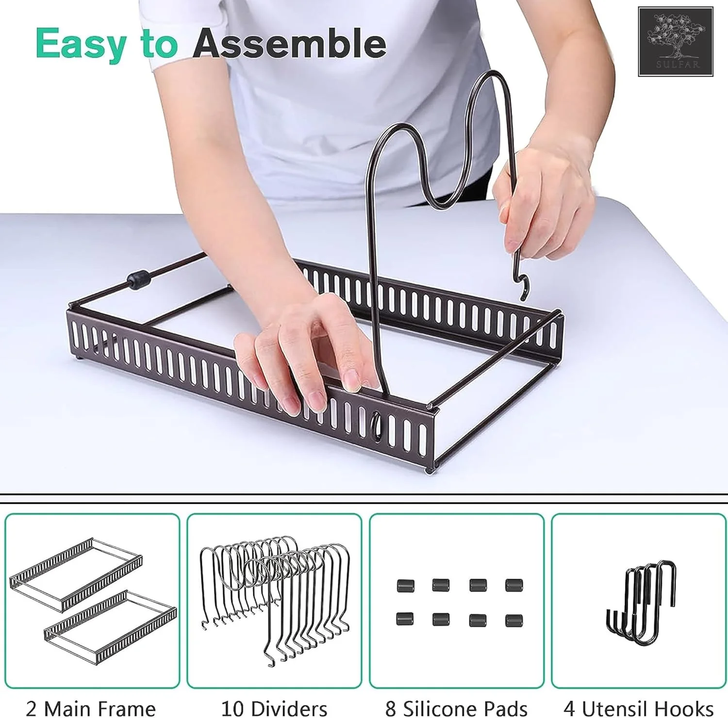 ارگانایزر قابلمه و تابه قابل گسترش Sulfar | نگهدارنده کابینت قابل تنظیم با 10 جداکننده برای درب ها، ظروف، لوازم پخت و پز و ظروف آشپزی | مشکی