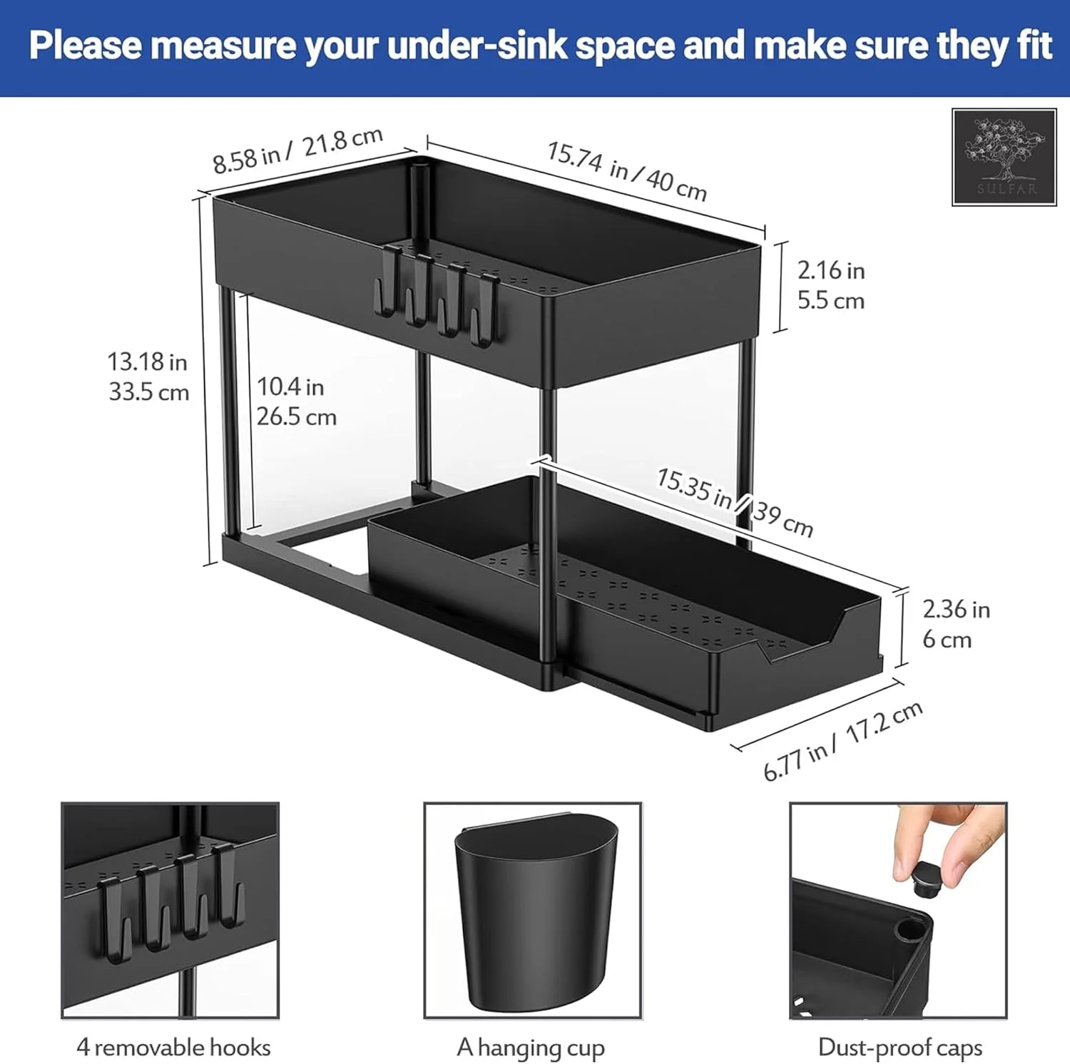 بسته دو عددی سازمان دهنده و محل نگهداری زیر سینک Sulfar با کشو کشویی | سازمان دهنده دو طبقه چند منظوره زیر سینک آشپزخانه | قفسه نگهداری زیر سینک حمام برای روی میز، لباسشویی - مشکی