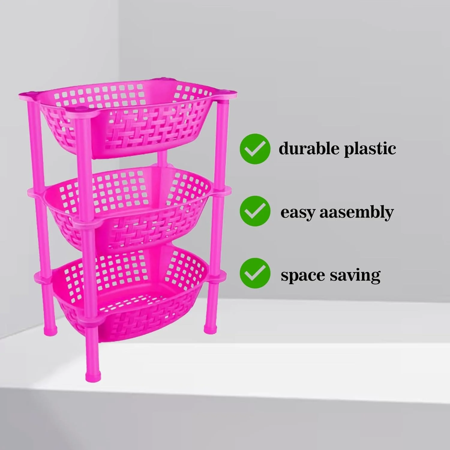 ترولی پلاستیکی چند منظوره Sulfar با آبچکان برای سبد نگهداری سبزیجات آشپزخانه، سازمان دهنده مدرن - سبد چرخدار 3 طبقه برای مواد غذایی، تنقلات، بطری ها، اسباب بازی ها، قفسه طبقه ای (صورتی)