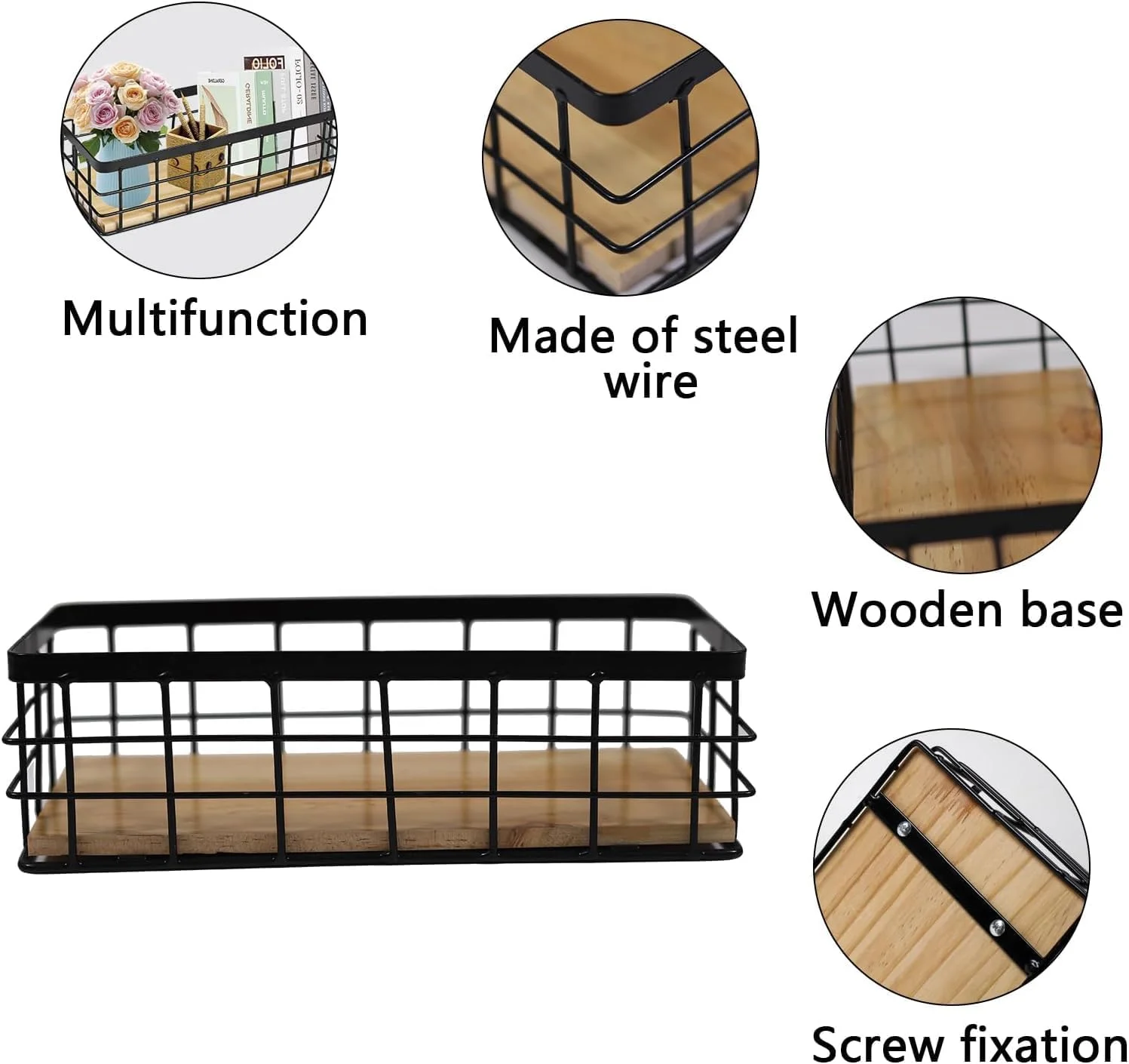 سبد فلزی نظم دهنده، سبد مفتولی فلزی با پایه چوبی جداشدنی، نظم دهنده برای کابینت آشپزخانه، حمام، انبار، گاراژ، اتاق لباسشویی