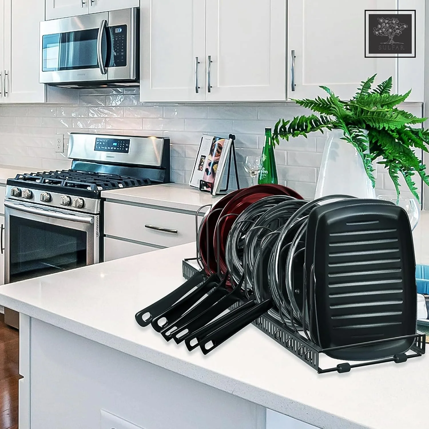 ارگانایزر قابلمه و تابه قابل گسترش Sulfar برای کابینت | قفسه قابل تنظیم با 10 جداکننده | محل نگهداری ظروف پخت و پز، درب قابلمه، ظروف پخت و شیرینی و تابه برای آشپزخانه یا انبار | برنزی | 1 عدد