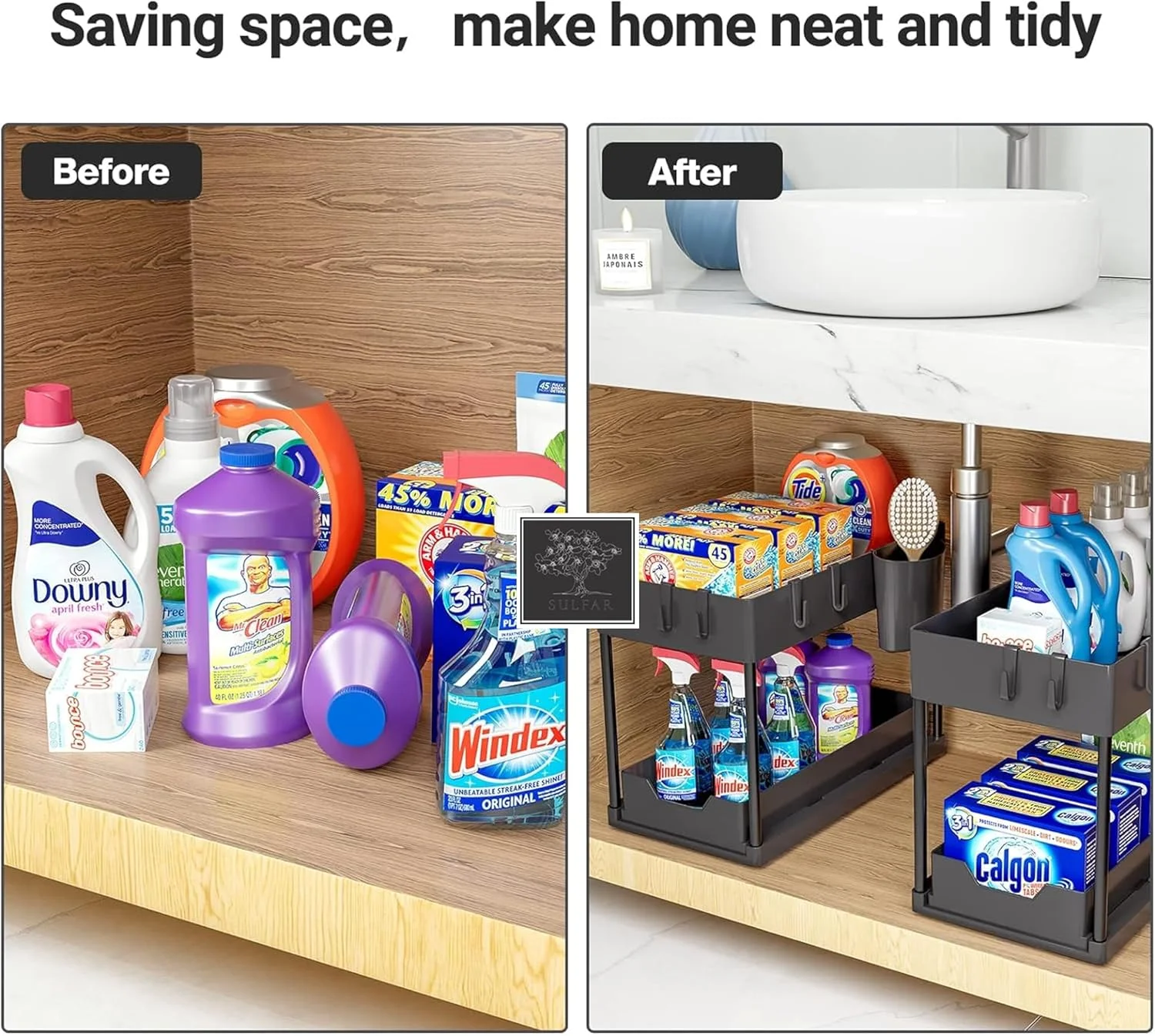 بسته دو عددی سازمان دهنده و محل نگهداری زیر سینک Sulfar با کشو کشویی | سازمان دهنده دو طبقه چند منظوره زیر سینک آشپزخانه | قفسه نگهداری زیر سینک حمام برای روی میز، لباسشویی - مشکی